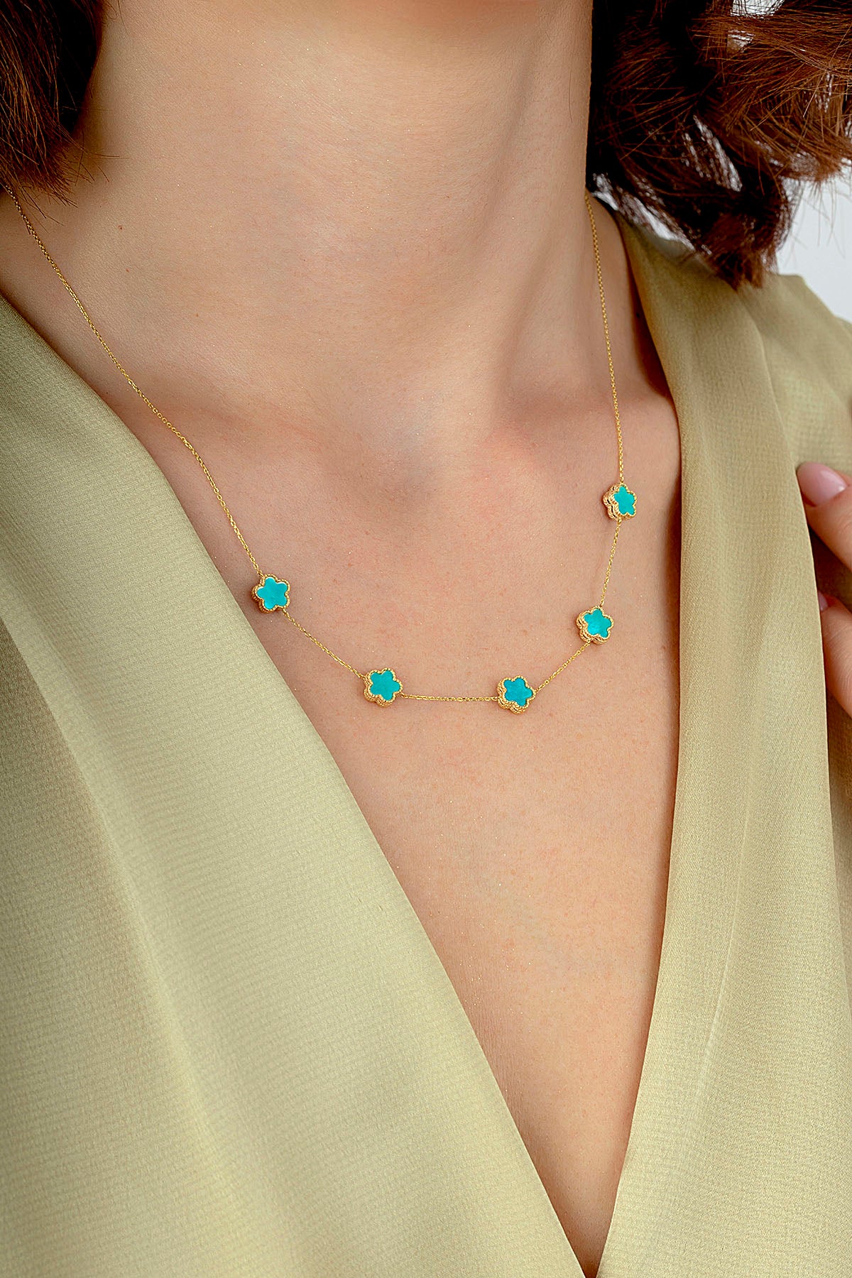 Reversible Turquoise White Mother-of-Pearl Five Floral Gold Necklace