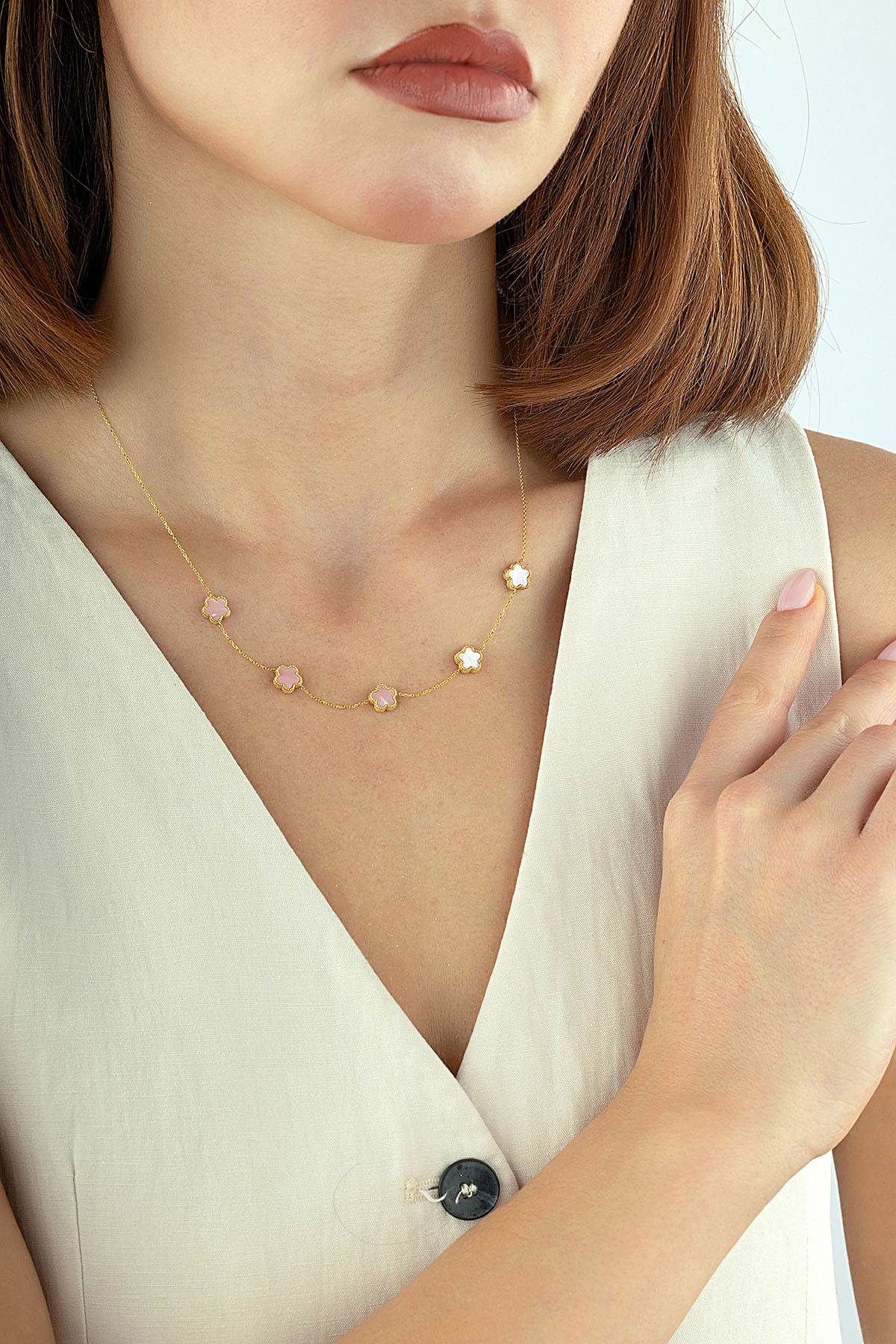 Reversible Pink White Mother-of-Pearl Five Floral Gold Necklace Secondary image
