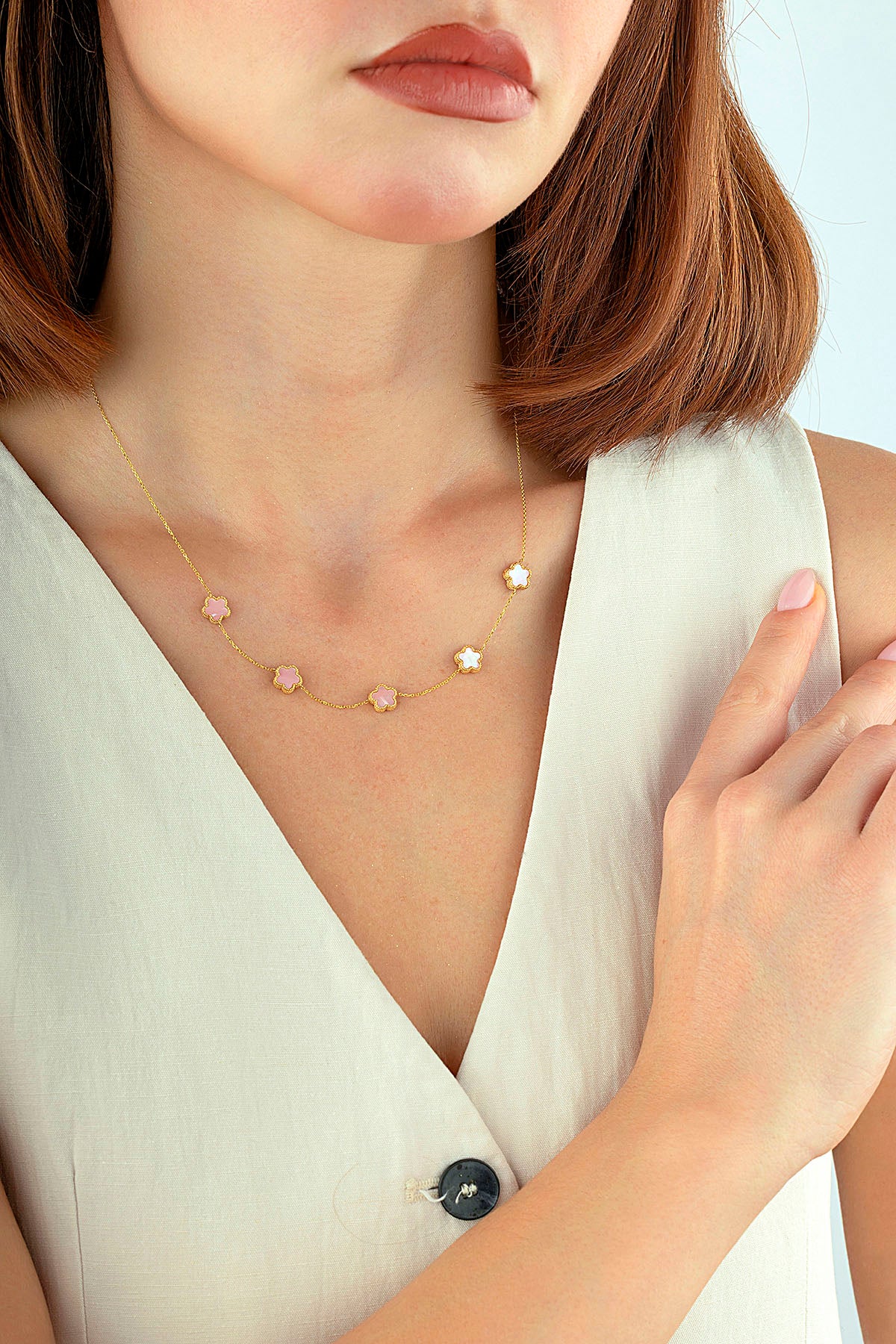 Reversible Pink White Mother-of-Pearl Five Floral Gold Necklace