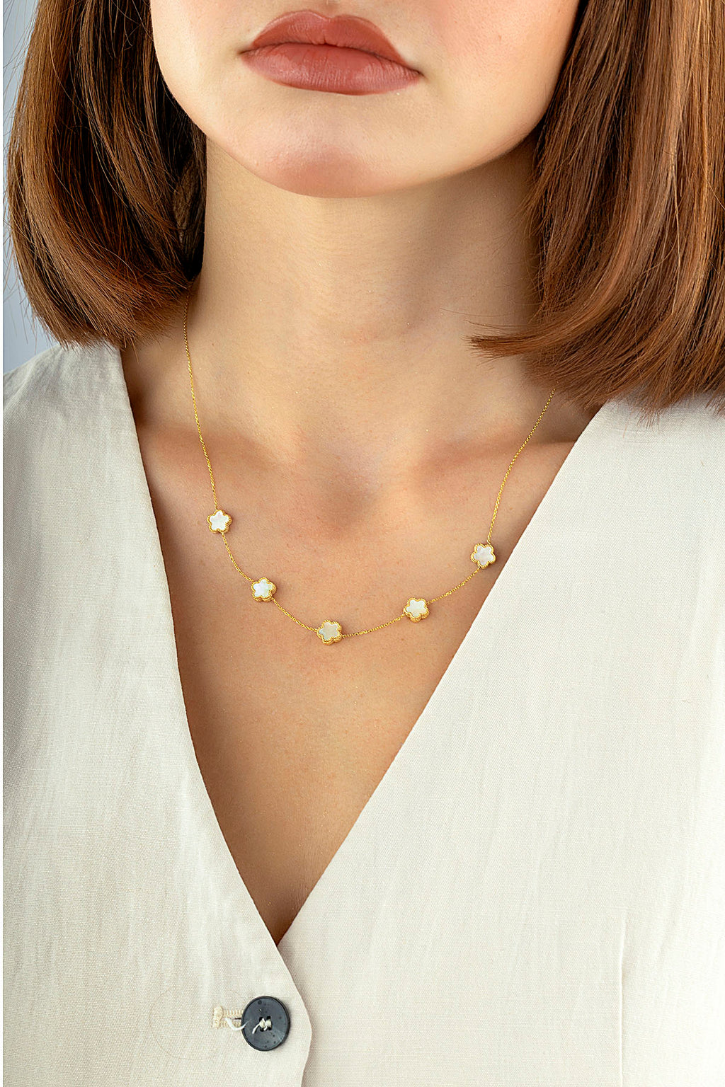 Reversible Pink White Mother-of-Pearl Five Floral Gold Necklace