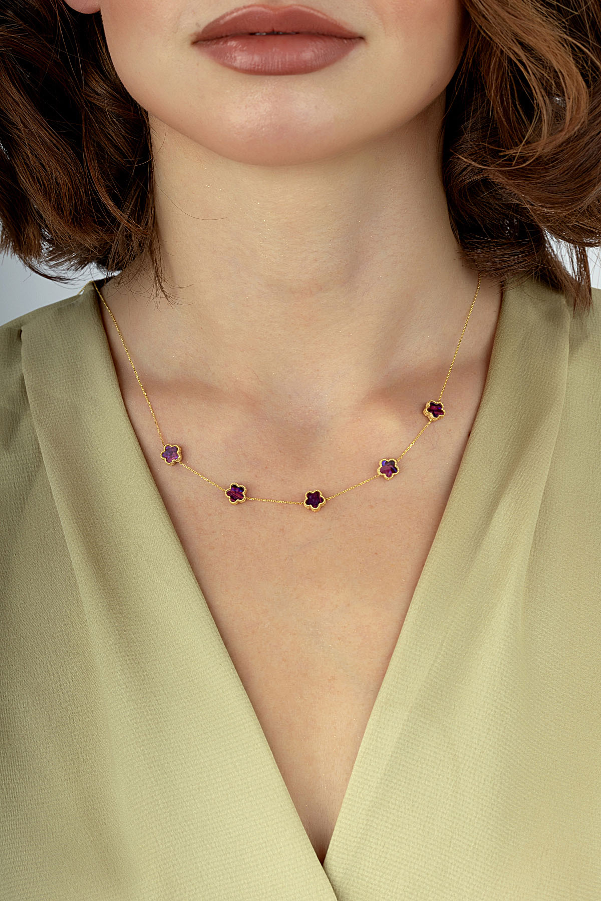 Reversible Purple White Mother-of-Pearl Five Floral Gold Necklace Main image