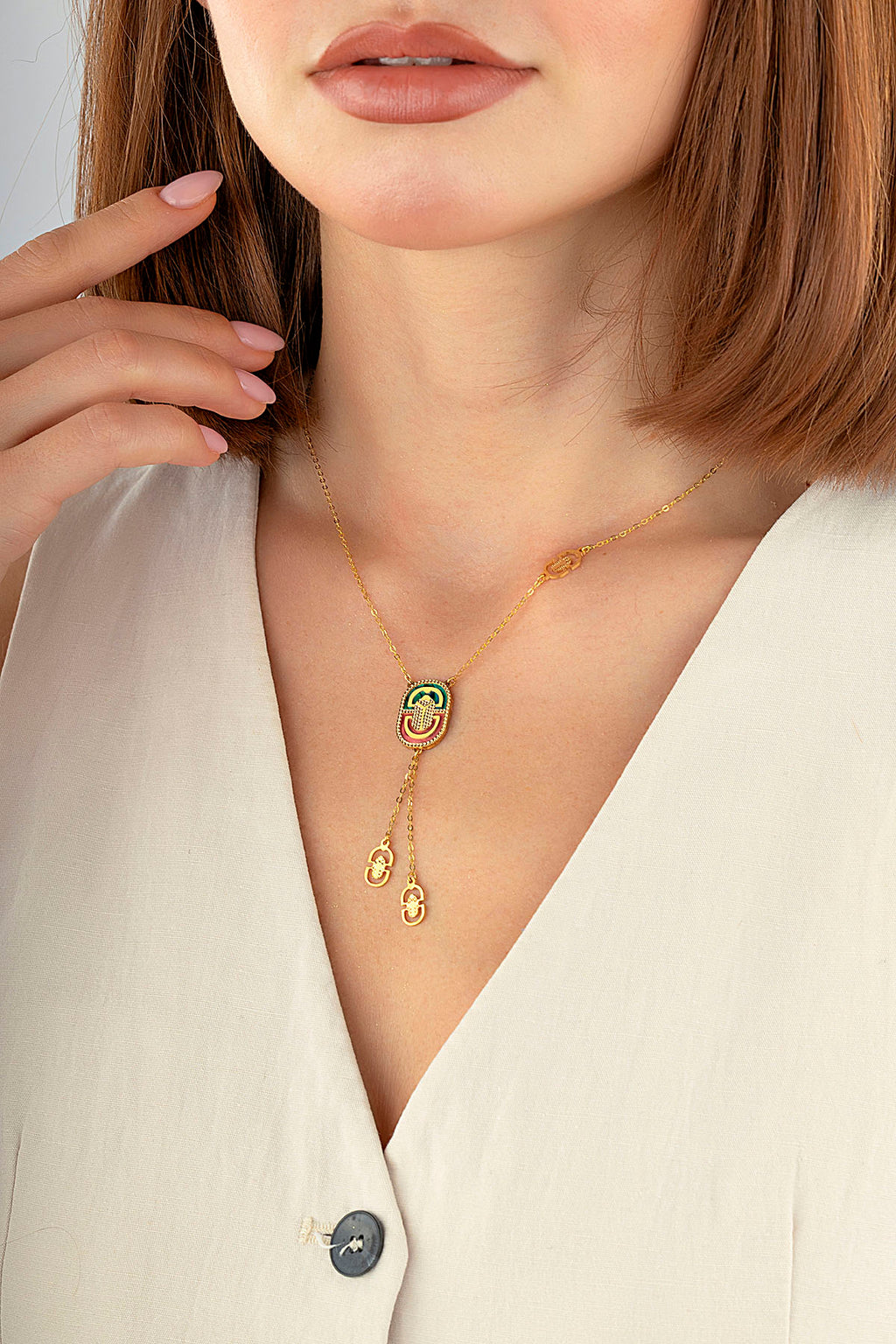 Italian Design Stone-Set Drop Gold Necklace
