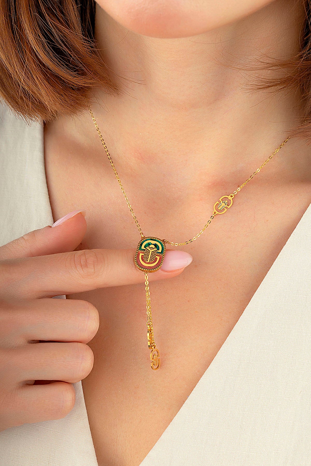 Italian Design Stone-Set Drop Gold Necklace