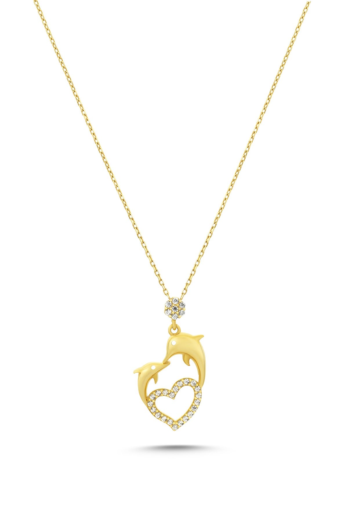 14K Gold Stone-Set Dolphin Heart Necklace
