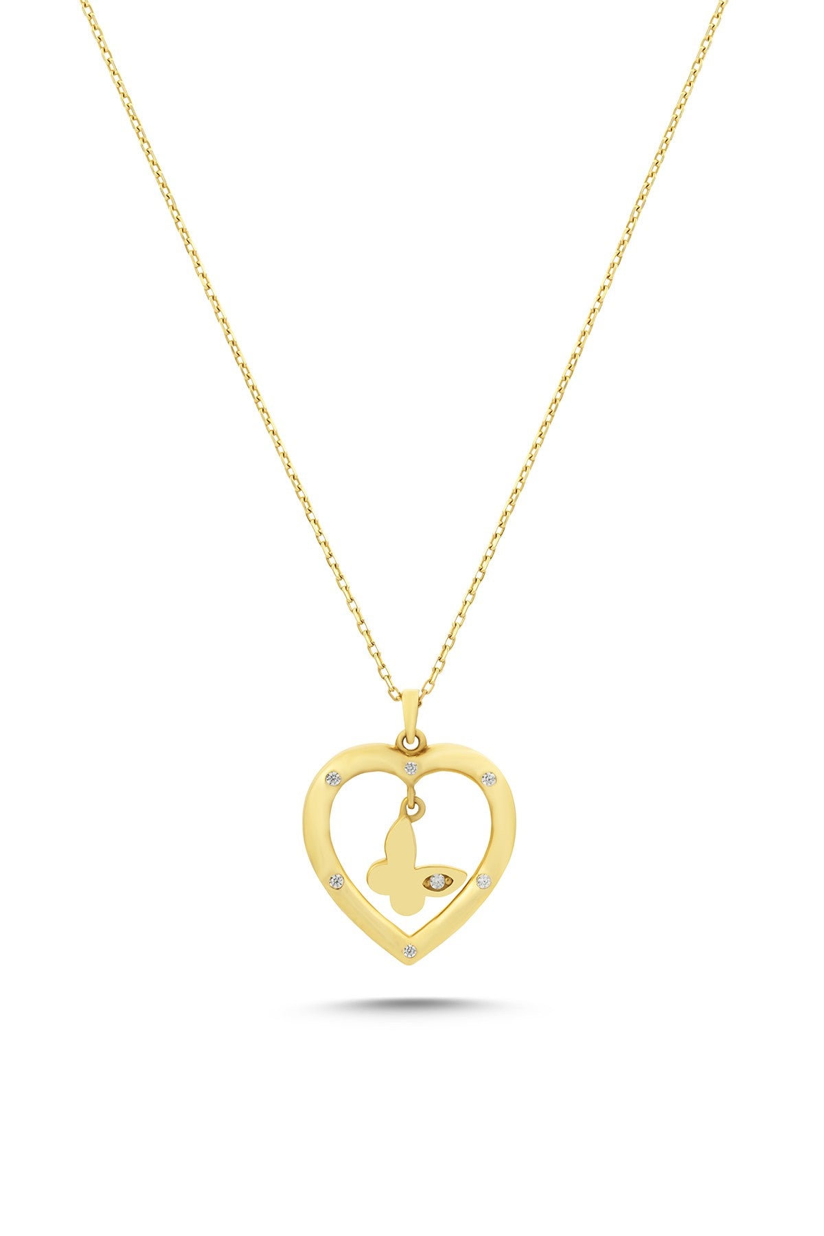 14K Zircon Stone-Set Butterfly Heart Gold Necklace