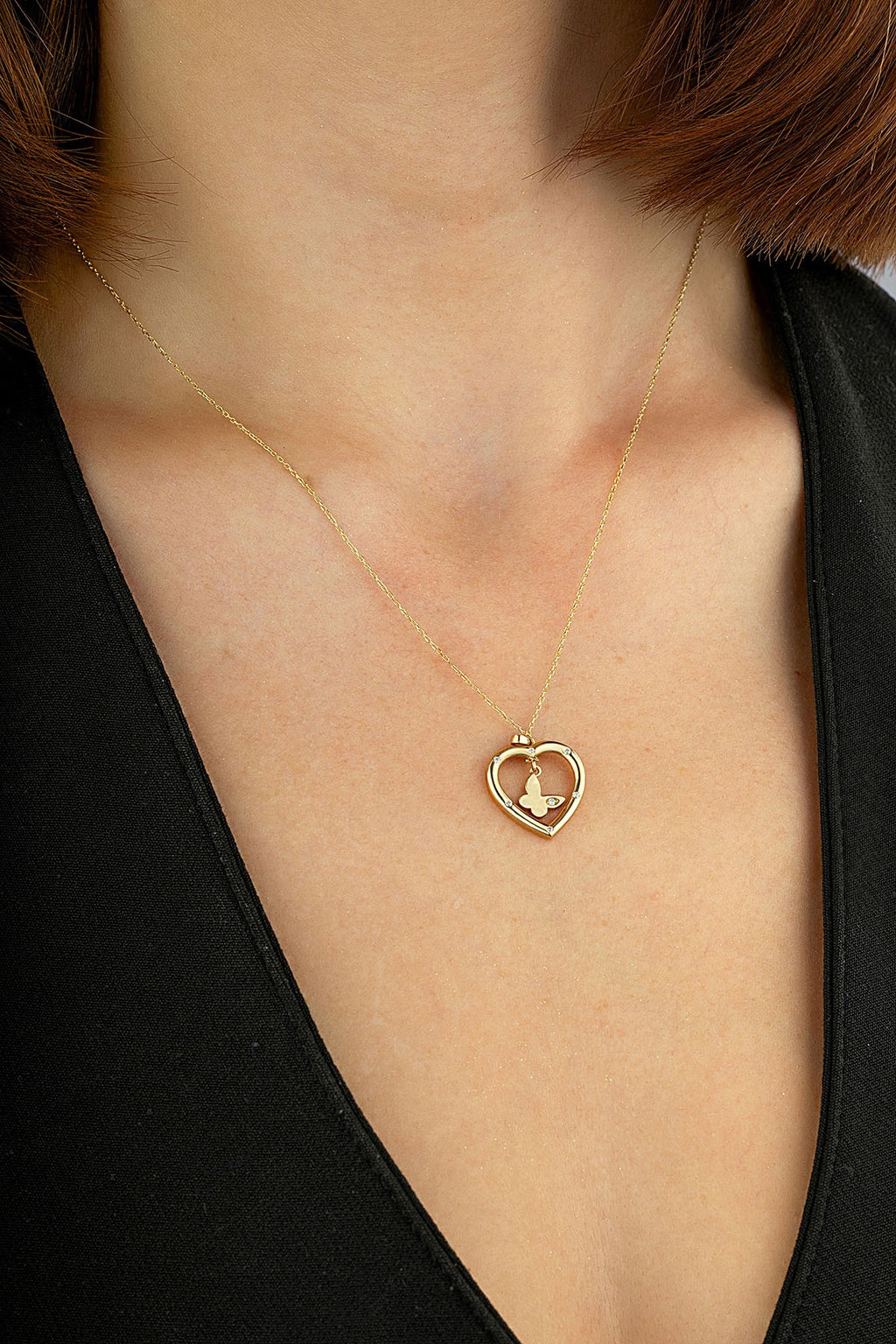 14K Zircon Stone-Set Butterfly Heart Gold Necklace