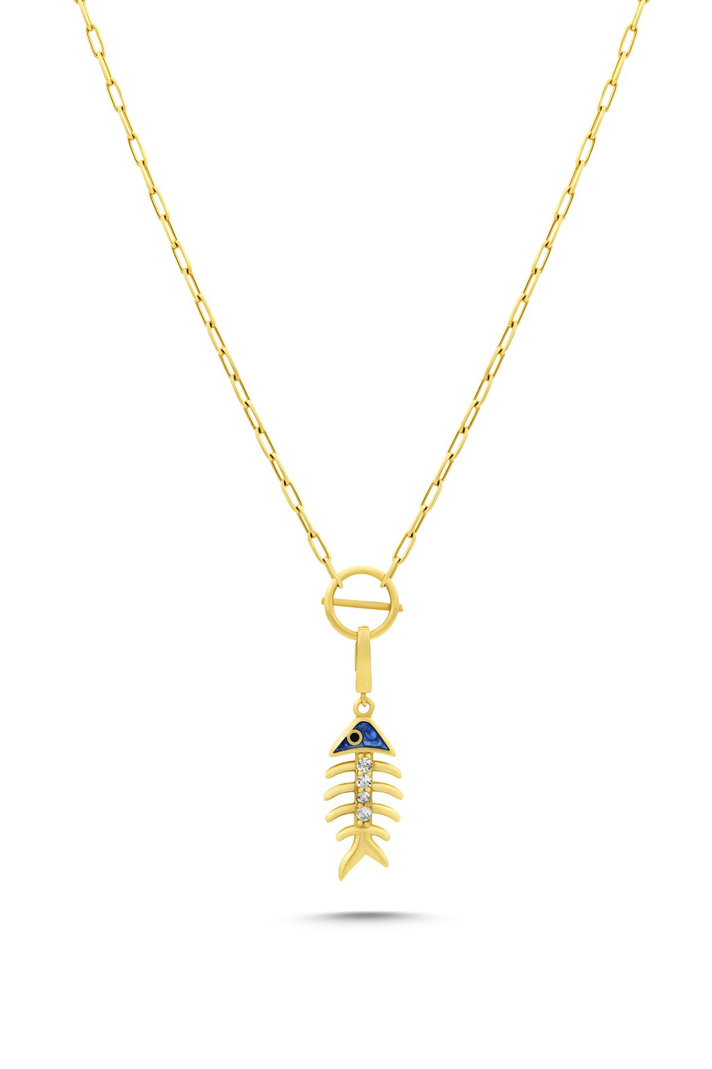14K Stone-Set Fish Fishbone Motif Gold Necklace