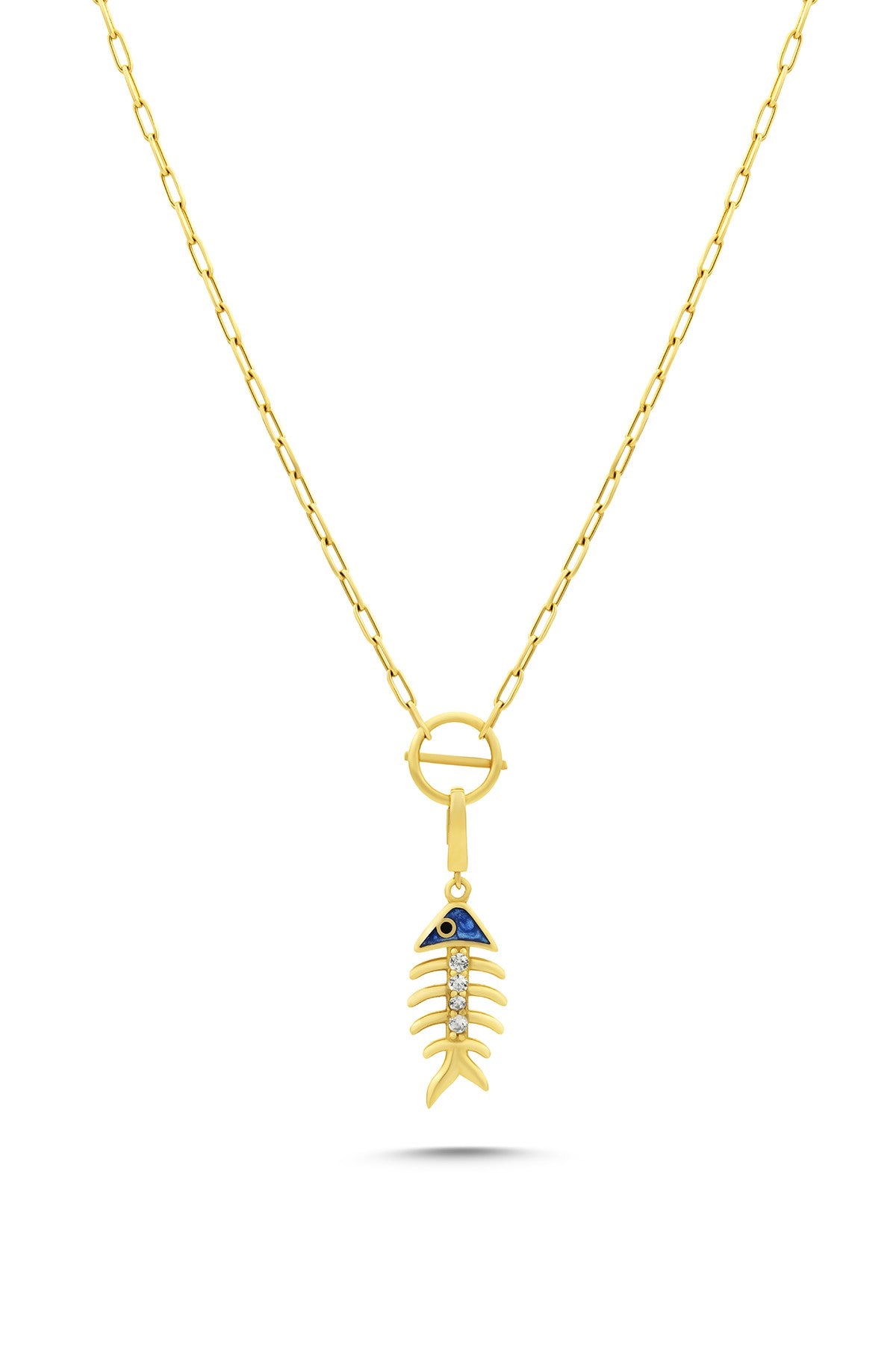 14K Stone-Set Fish Fishbone Motif Gold Necklace