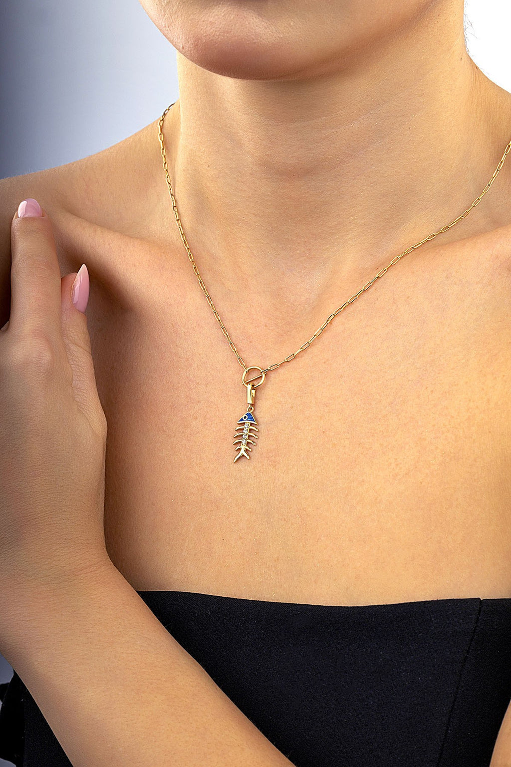 14K Stone-Set Fish Fishbone Motif Gold Necklace
