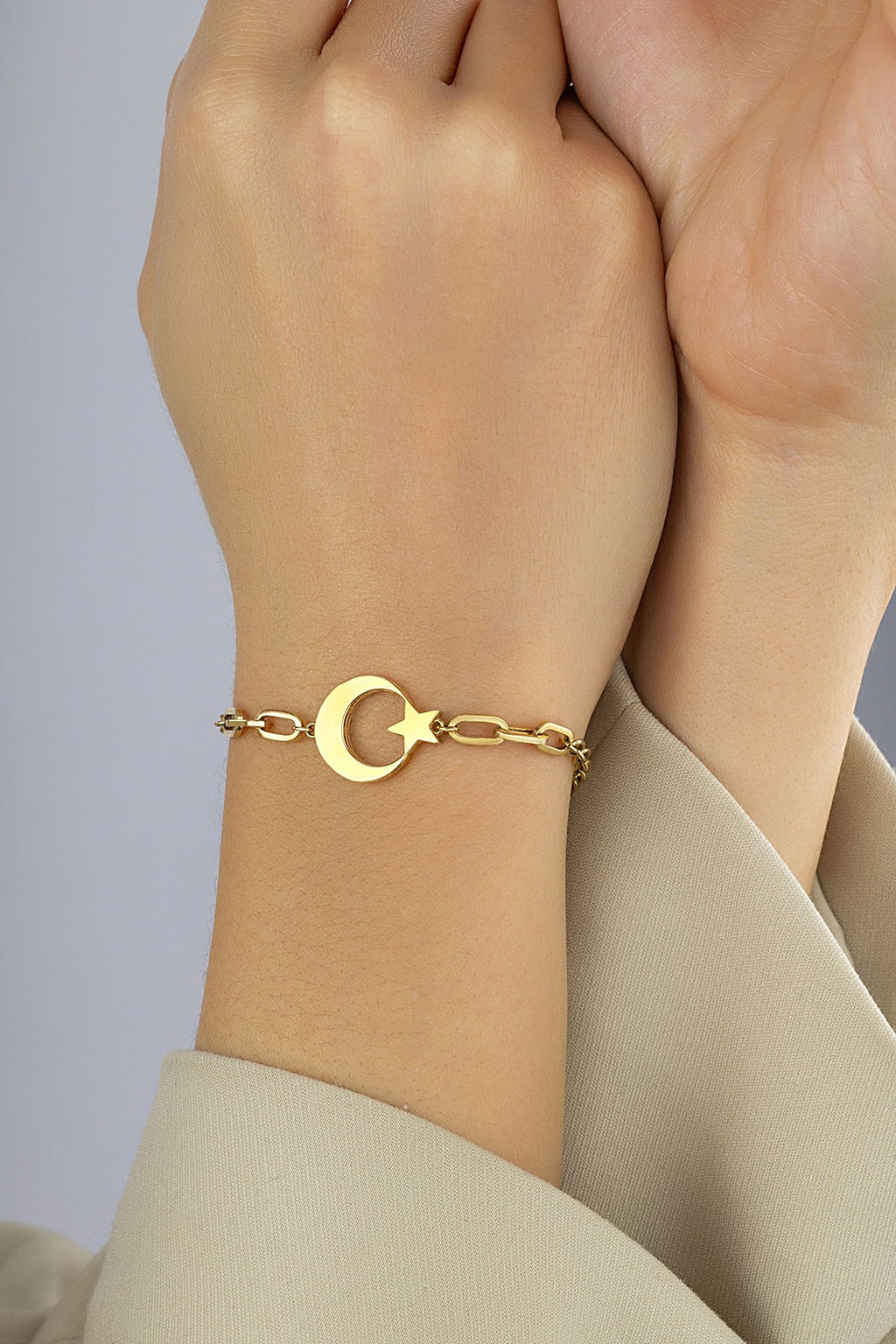 14K Crescent & Star Paperclip Gold Bracelet