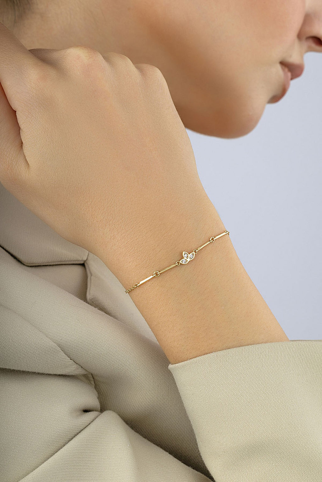 14K Lotus Floral White Stone-Set Gold Bracelet