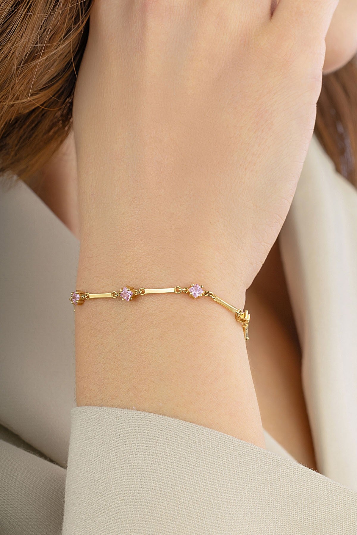 14K Pink Stone-Set Floral Gold Bracelet Secondary image