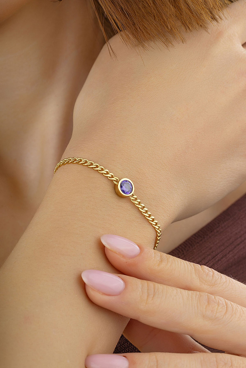 14K Purple Stone-Set Italian Chain Gold Bracelet
