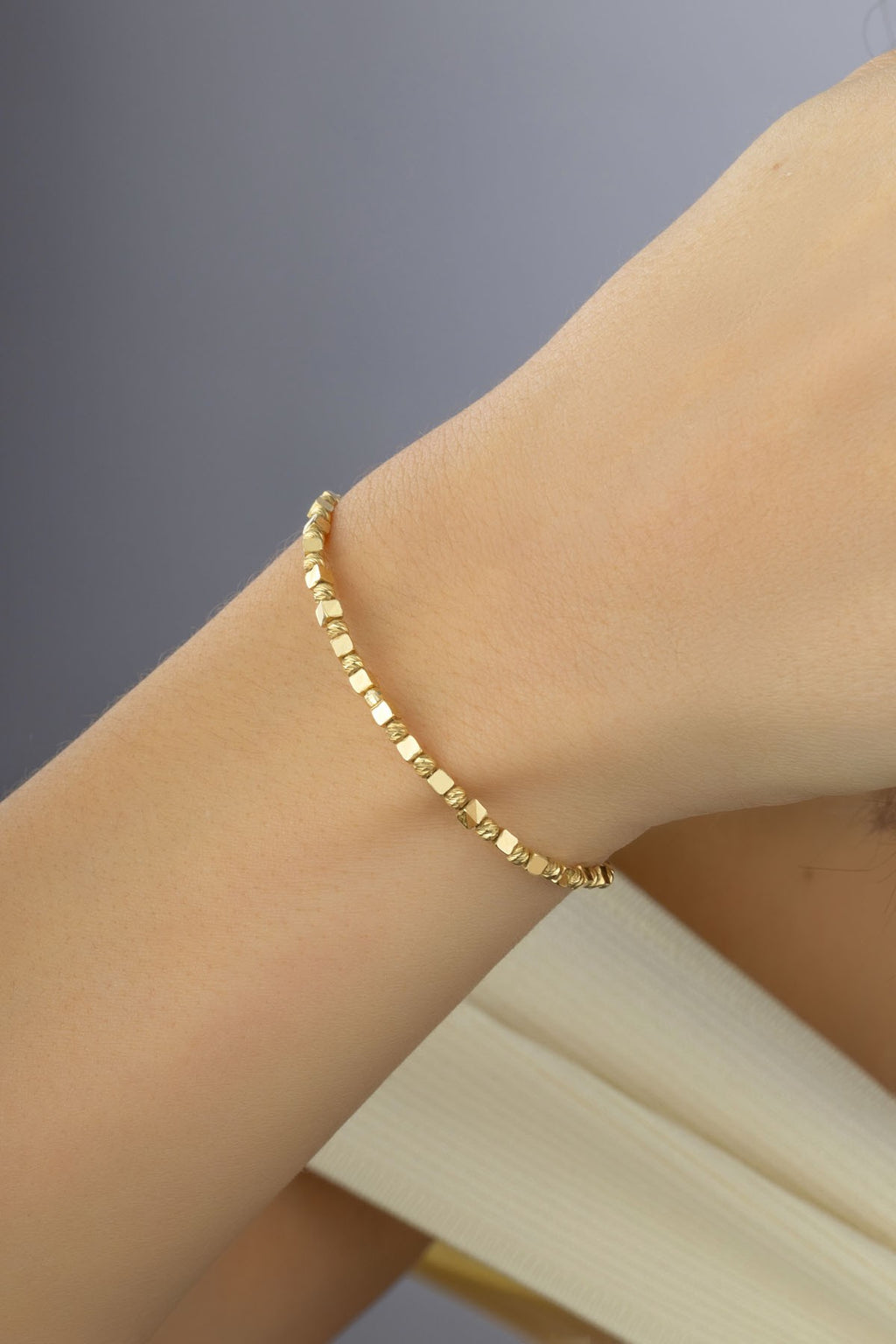 14K Modern Round Square Stone-Set Gold Bracelet