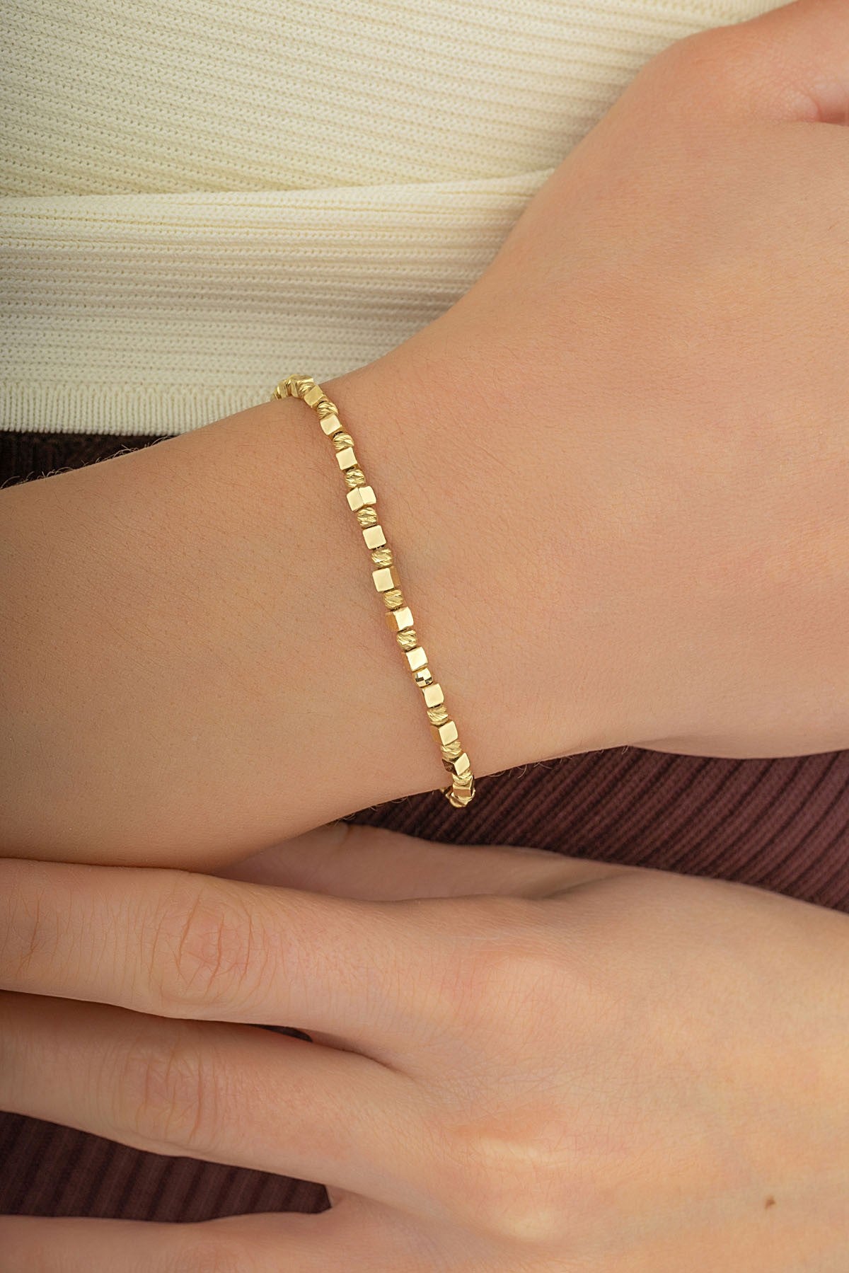 14K Modern Round Square Stone-Set Gold Bracelet