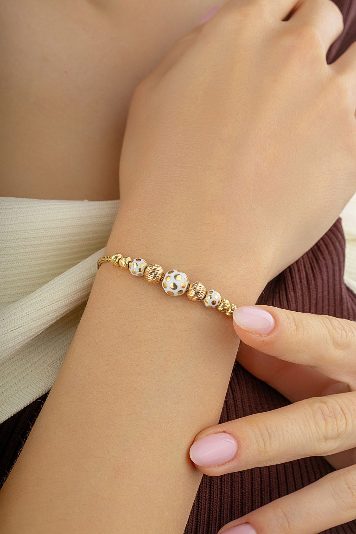 14K Bead Engraved Gold Bracelet