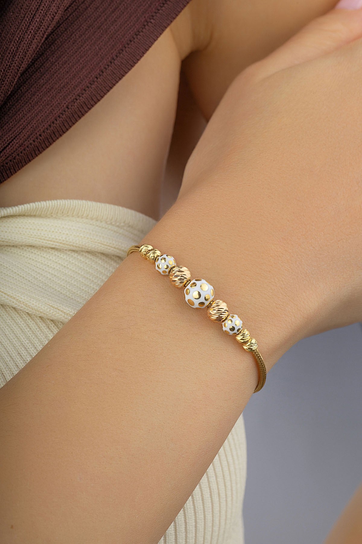 14K Bead Engraved Gold Bracelet