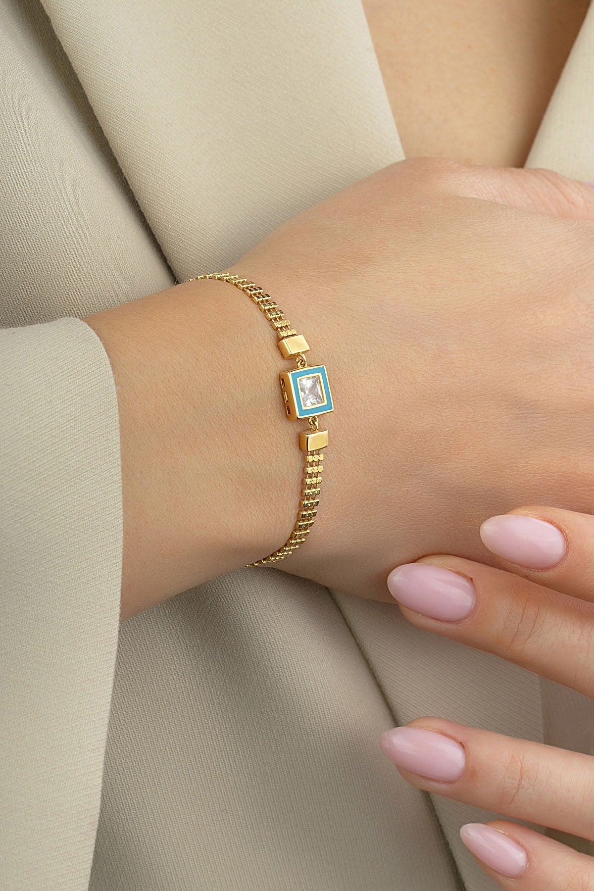 Turquoise Square Stone-Set Elegant Italian 14K Gold Bracelet Secondary image