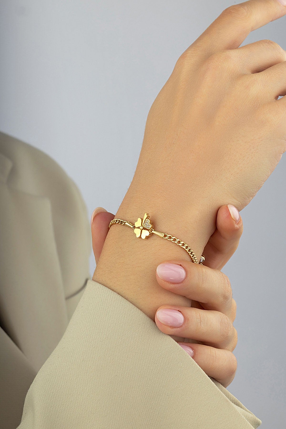 14K Stone-Set Clover Gold Bracelet