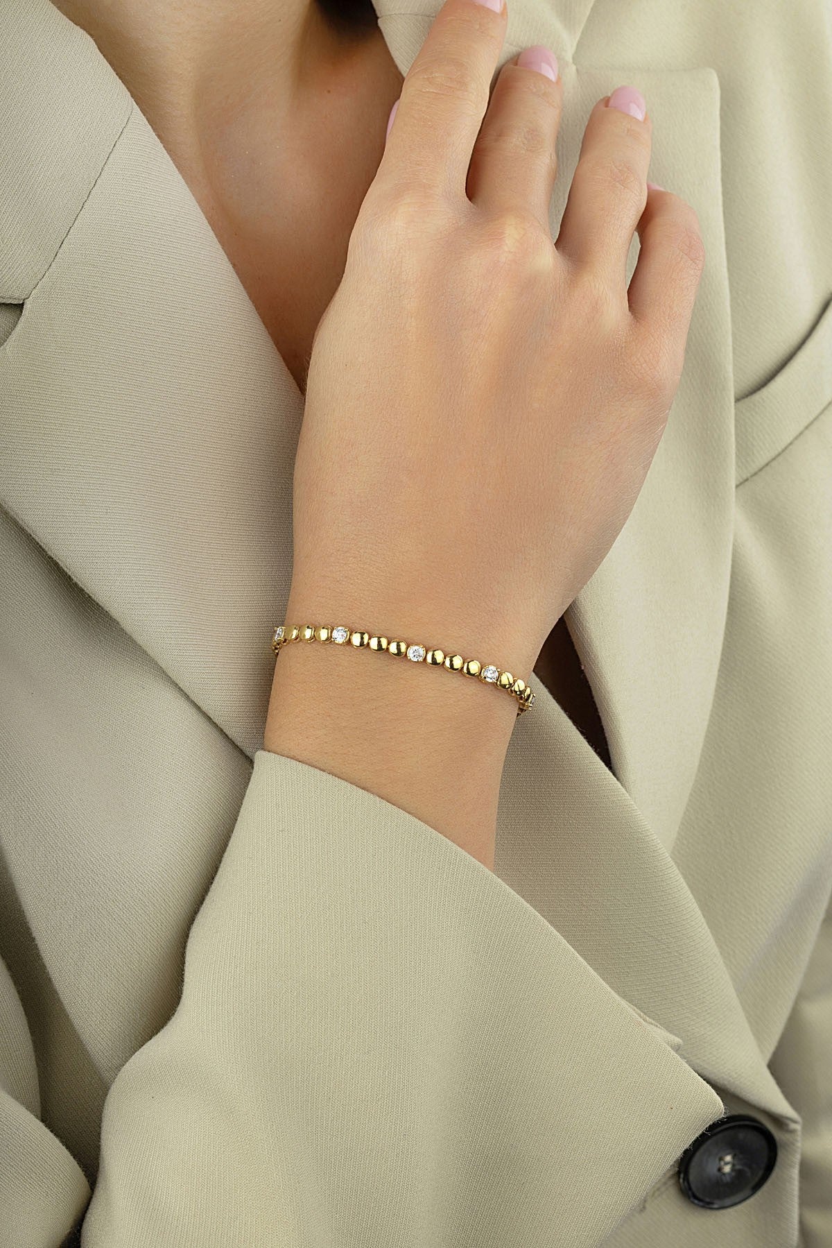 14K Beaded Stone-Set Chain Bracelet