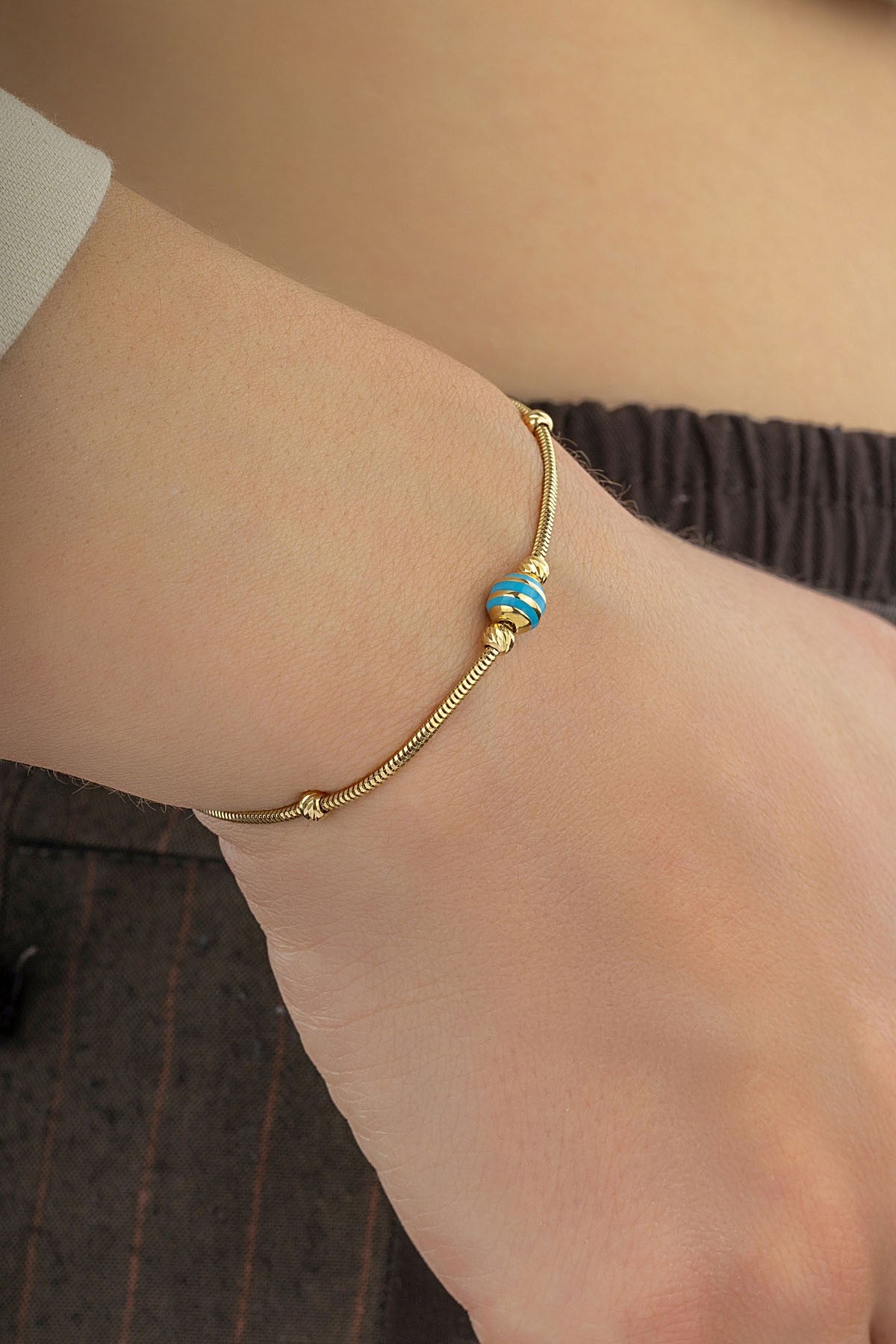 14K Green Striped Bead Gold Bracelet Main image