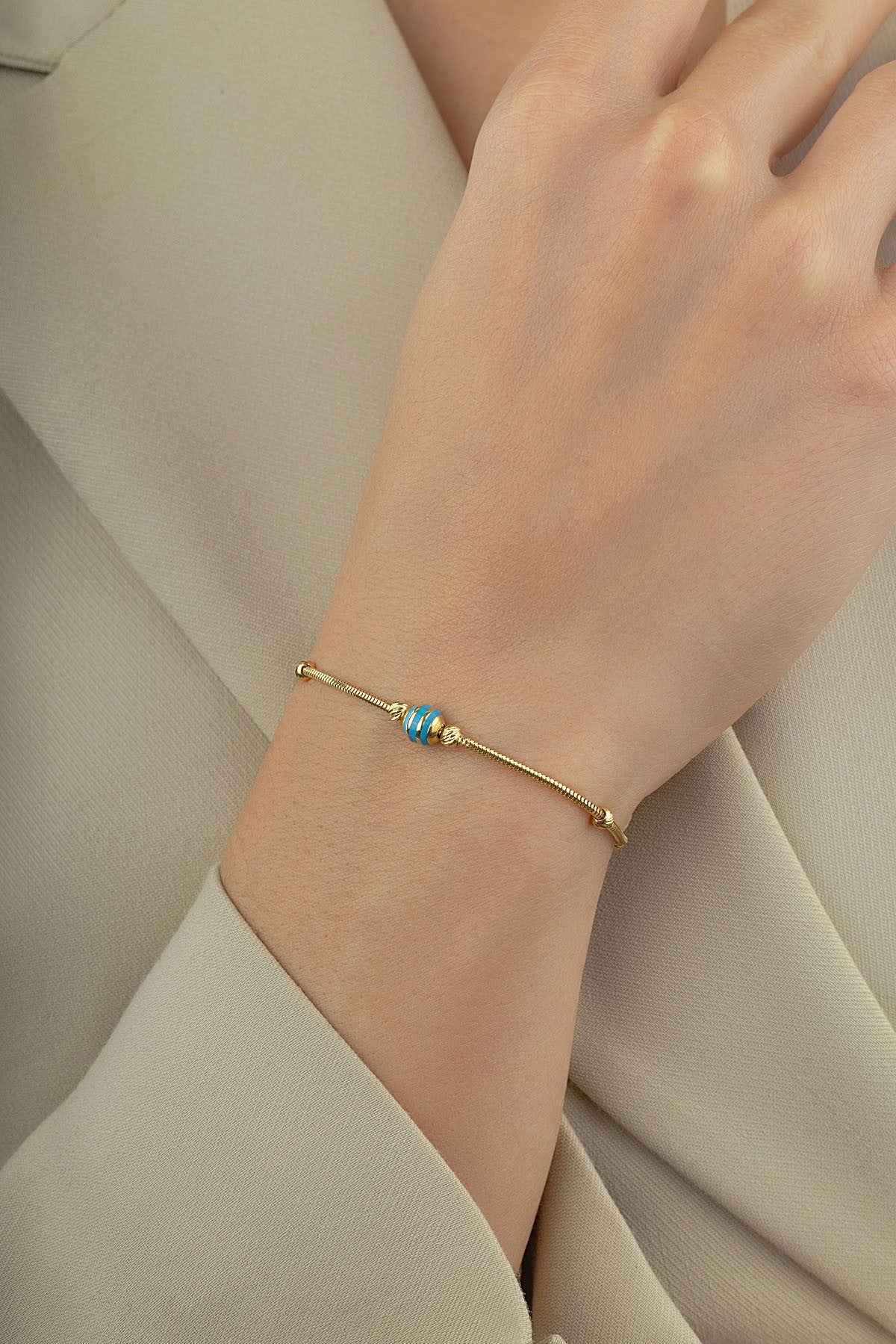 14K Green Striped Bead Gold Bracelet Secondary image