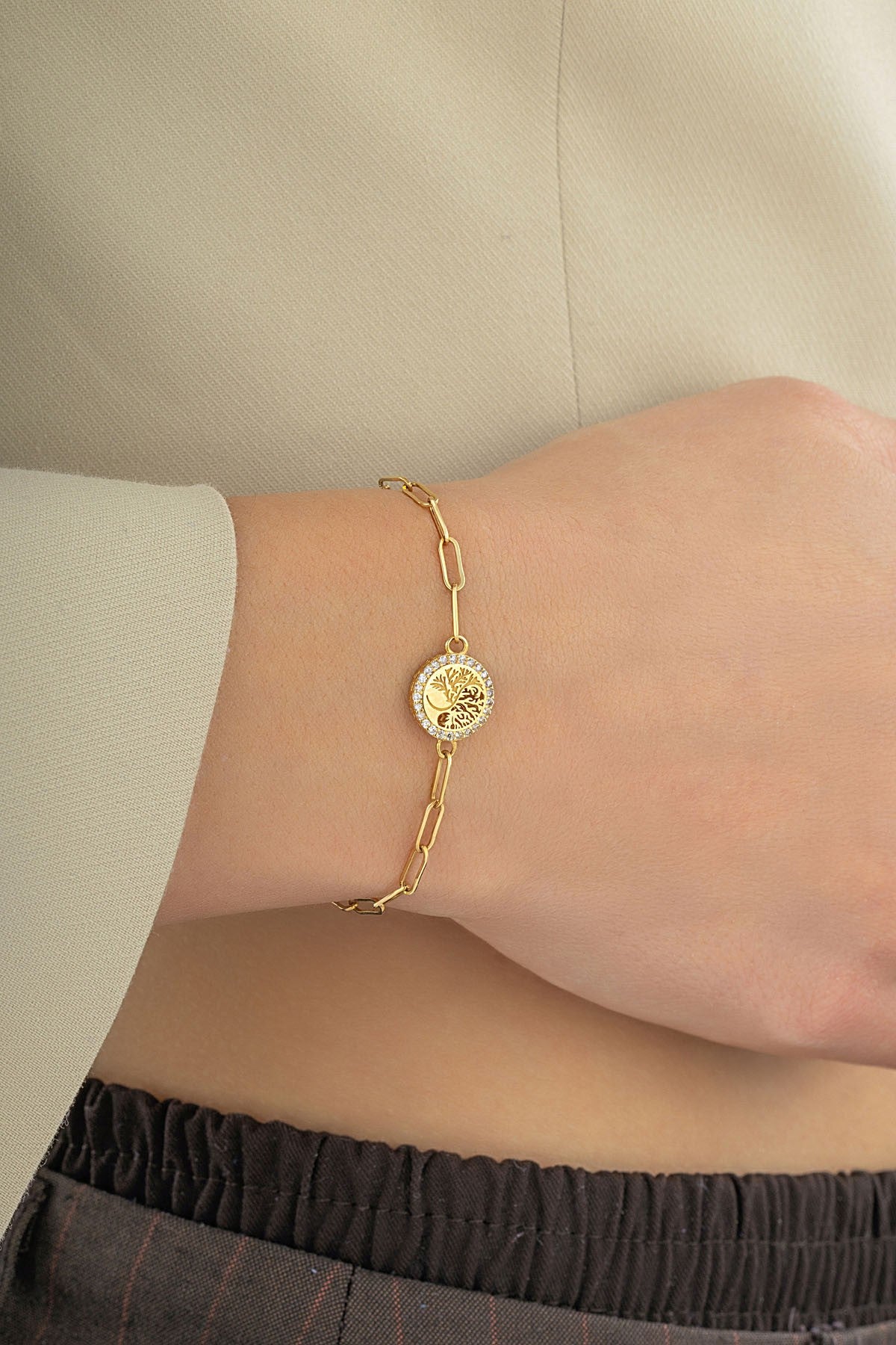 14K Tree of Life Paperclip Gold Bracelet