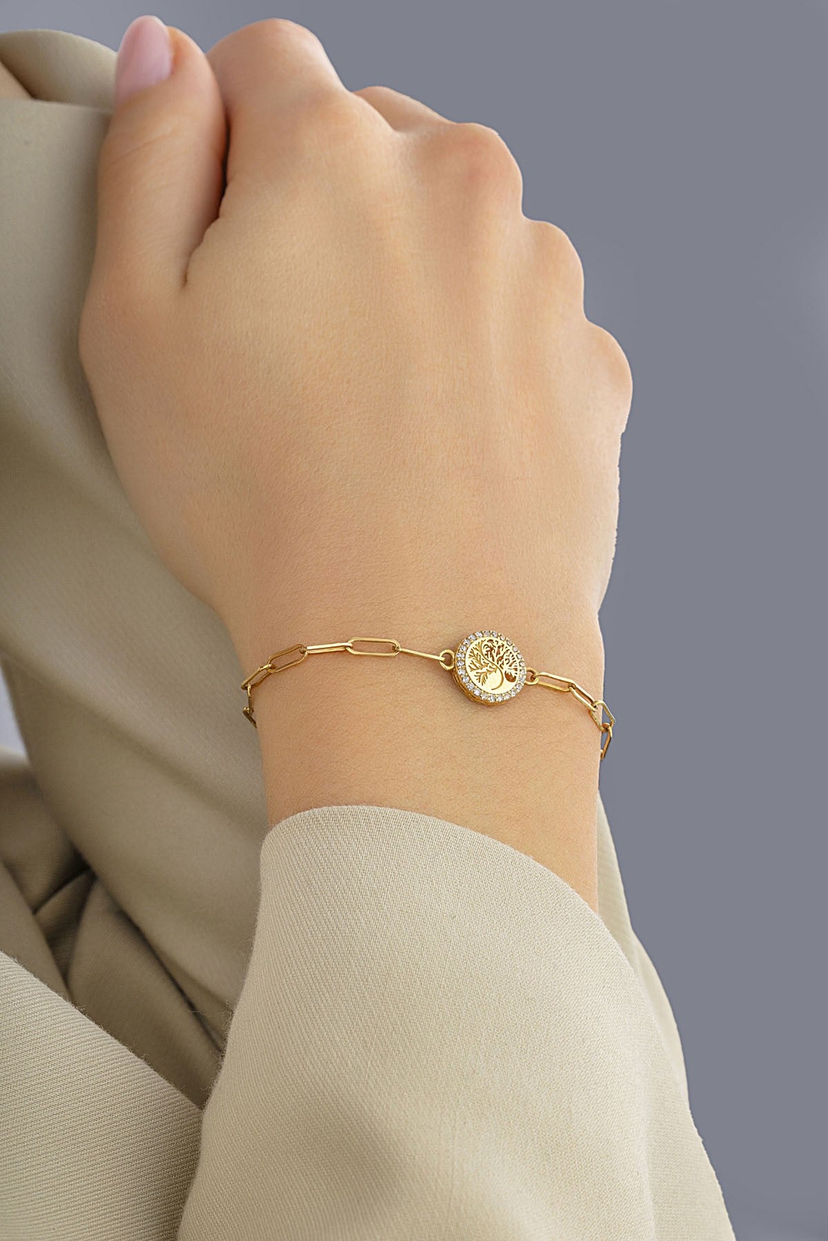 14K Tree of Life Paperclip Gold Bracelet