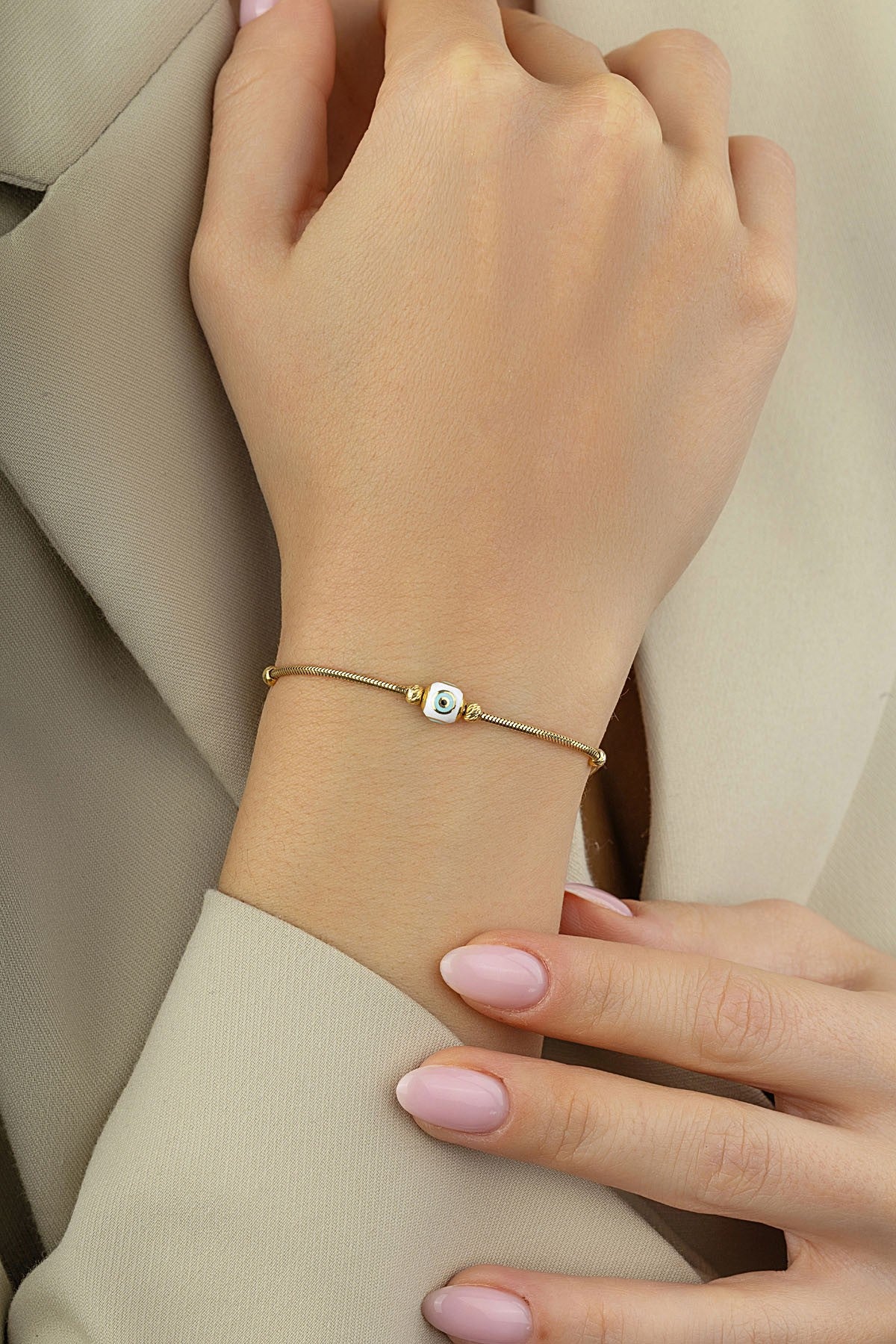 14K Beaded Evil Eye Gold Bracelet