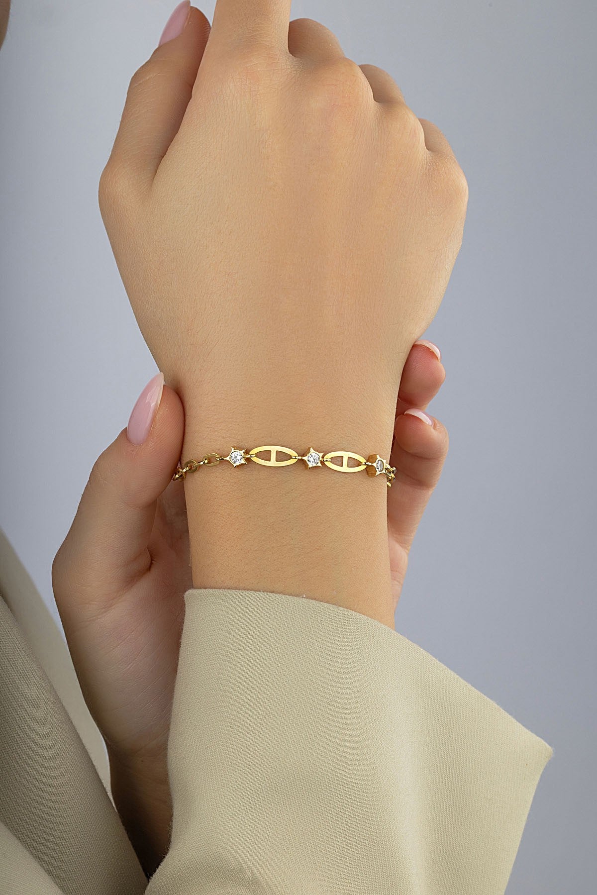 14K Mini White Star Chain Gold Bracelet