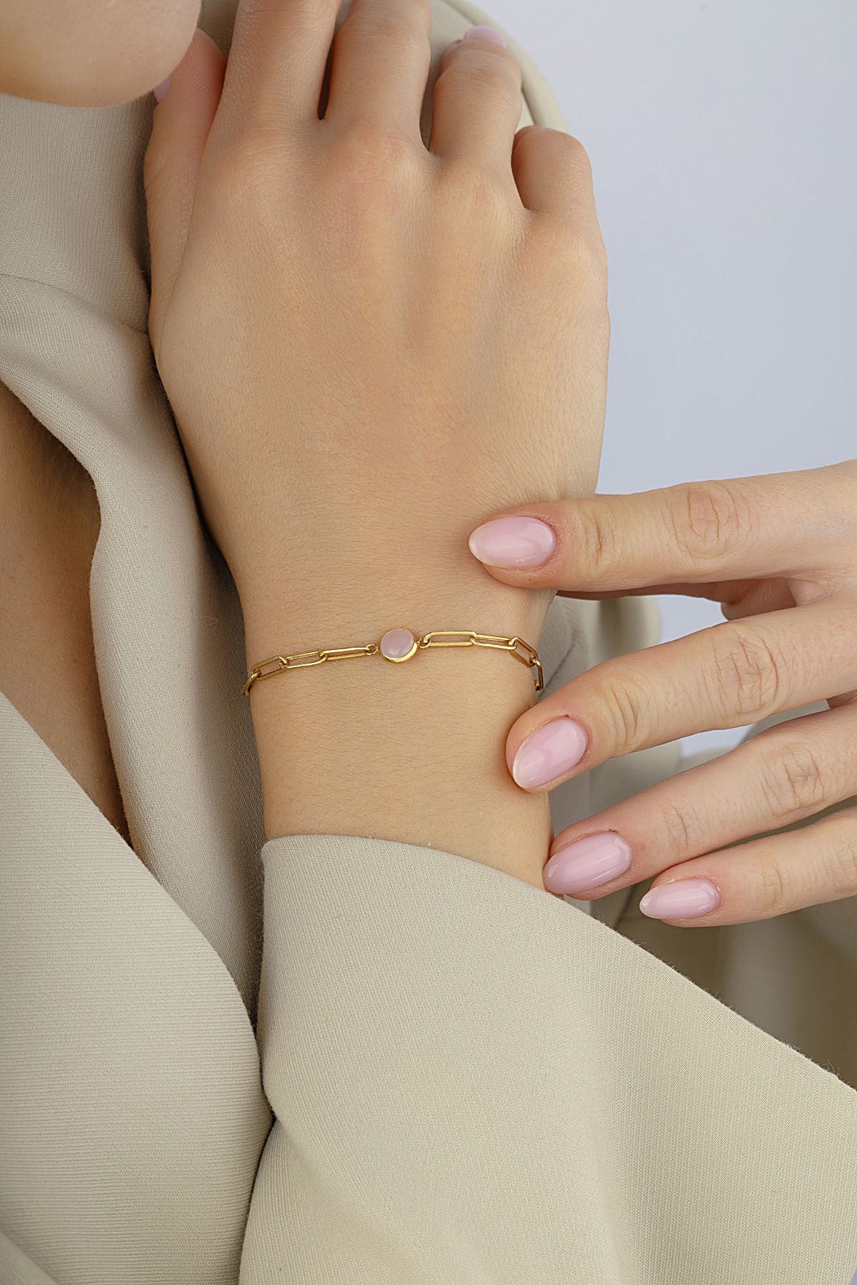 14K Soft Pink Stone-Set Paperclip Gold Bracelet