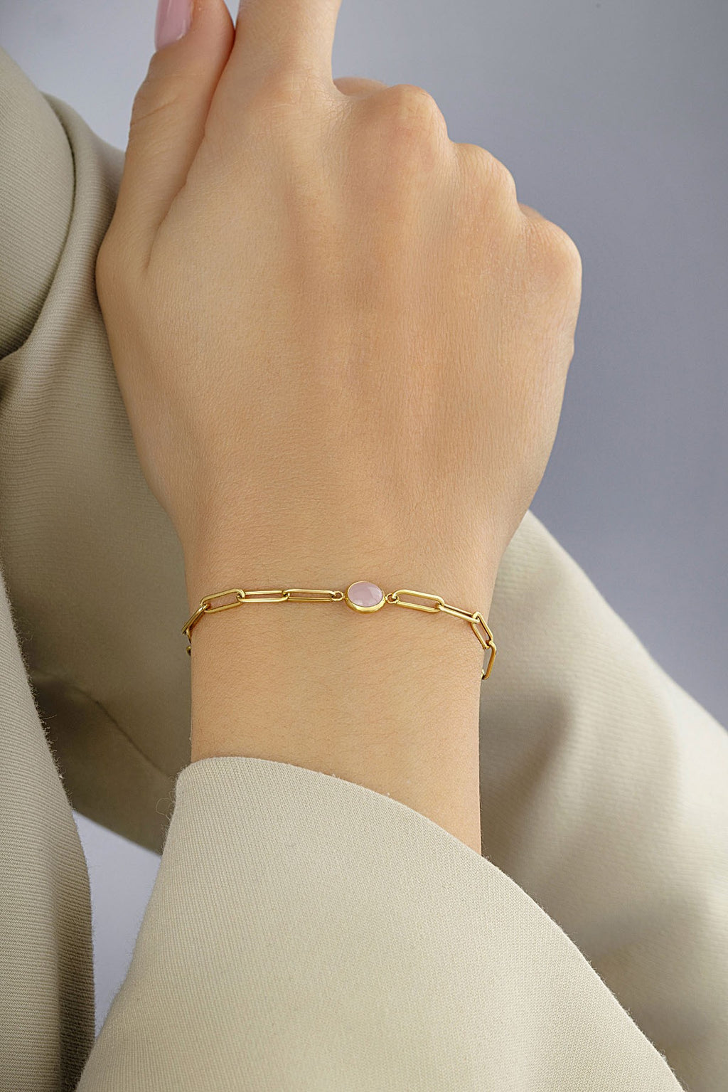 14K Soft Pink Stone-Set Paperclip Gold Bracelet