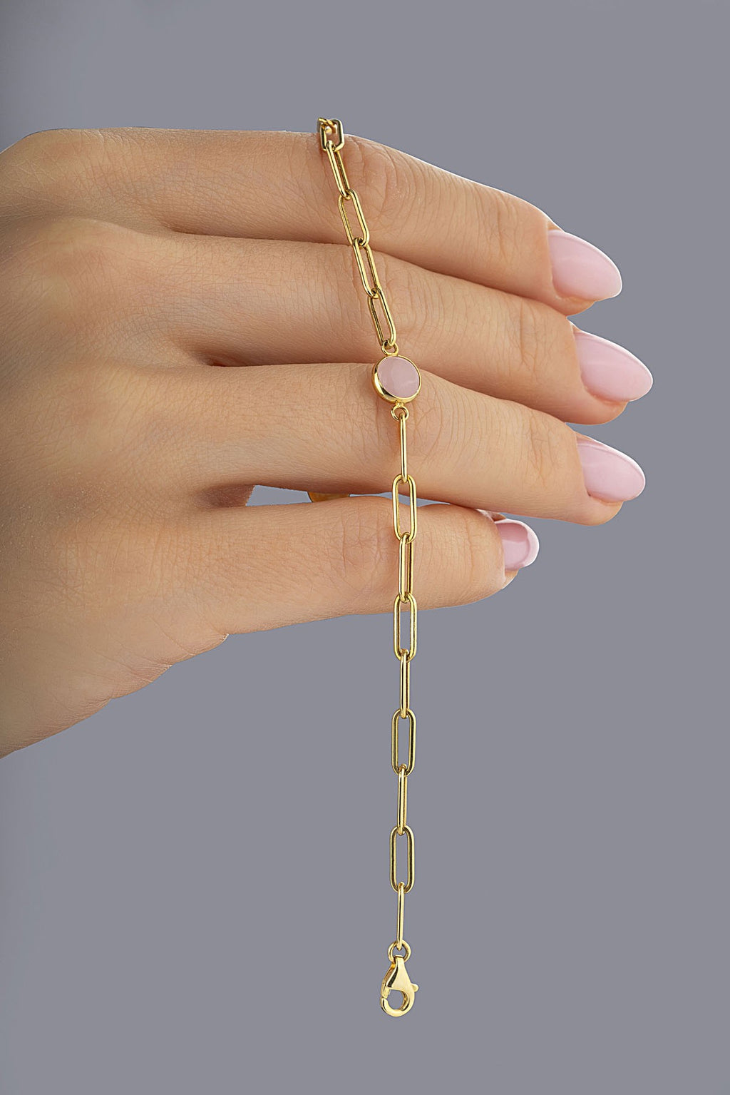 14K Soft Pink Stone-Set Paperclip Gold Bracelet