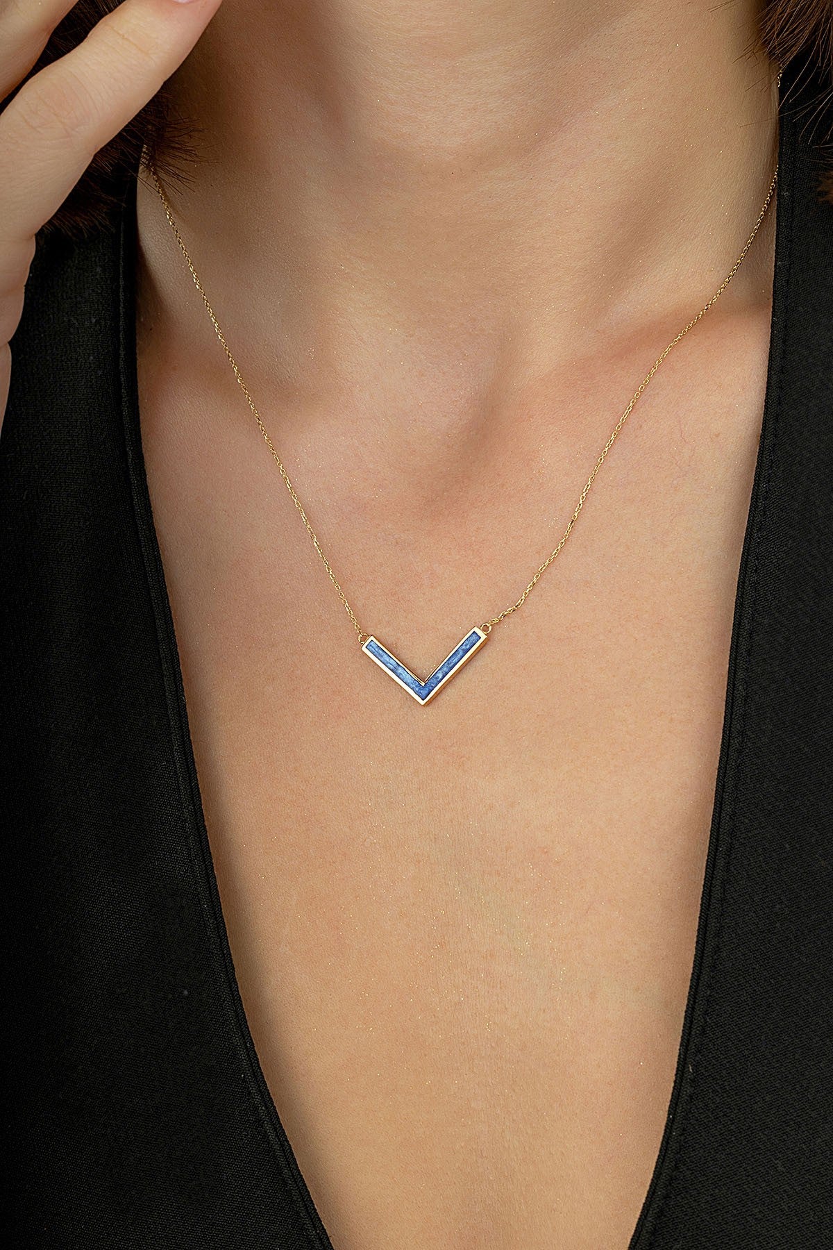 14K Blue Stone-Set Gold V Necklace