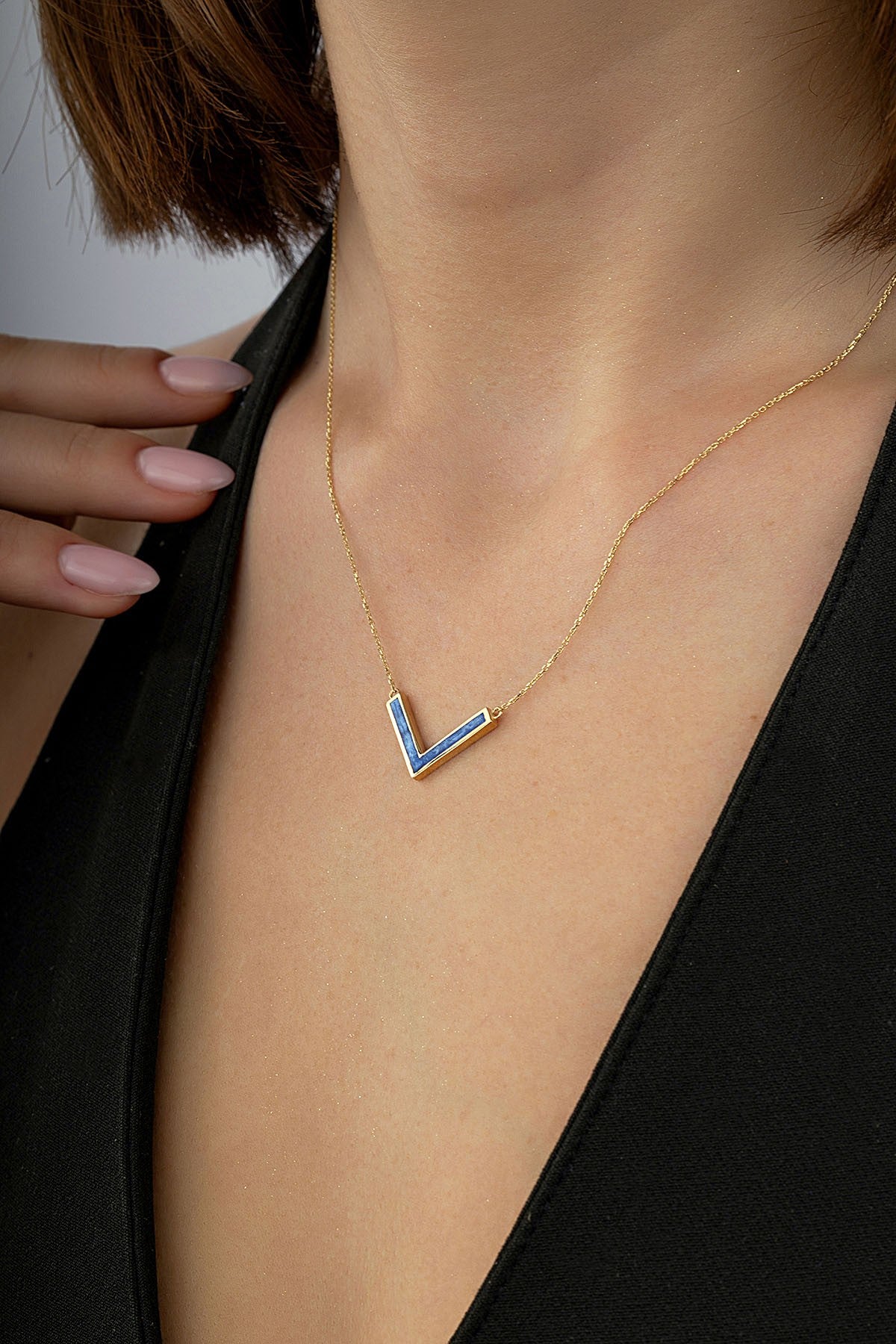 14K Blue Stone-Set Gold V Necklace