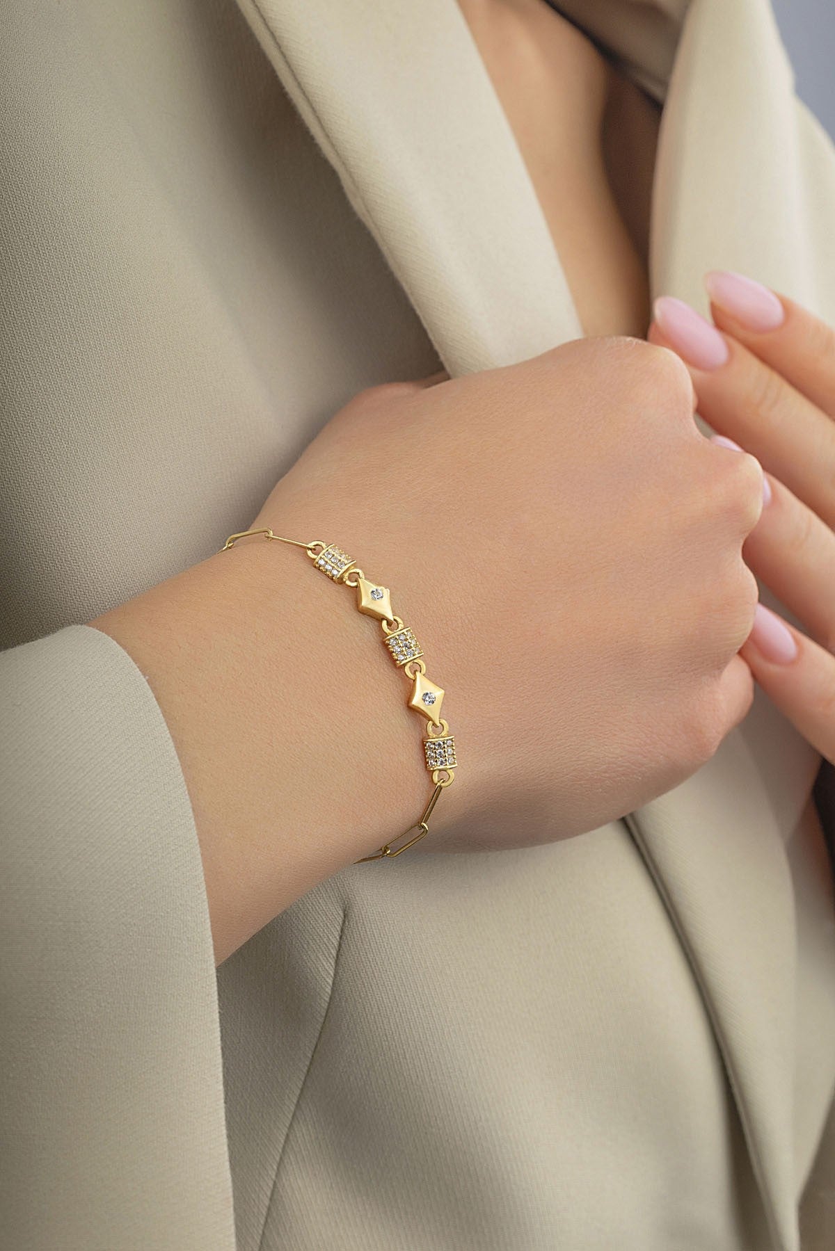 14K Gold Stone-Set Modern Rectangular Square Gold Bracelet