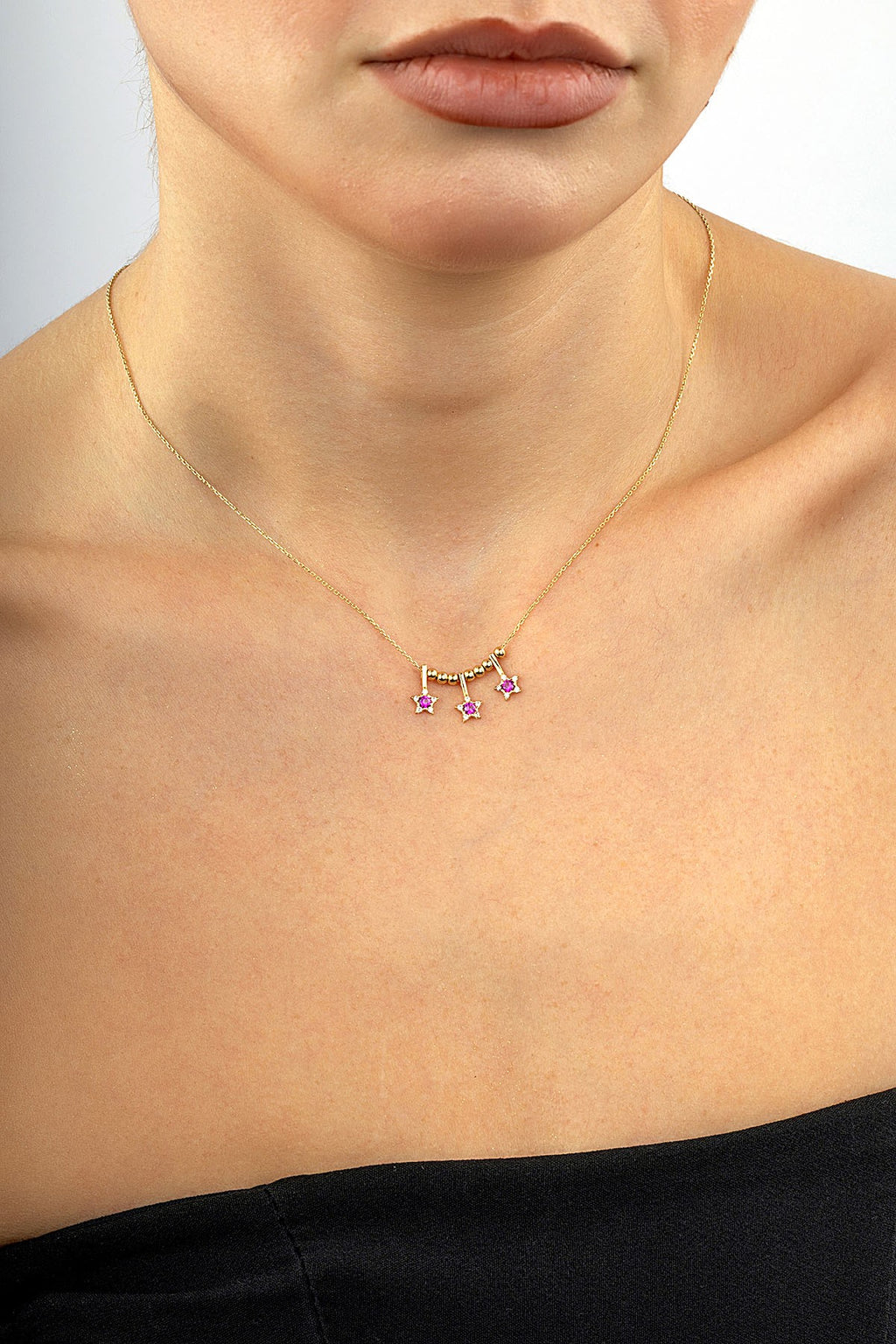 14K 3 Star Purple Stone-Set Gold Necklace