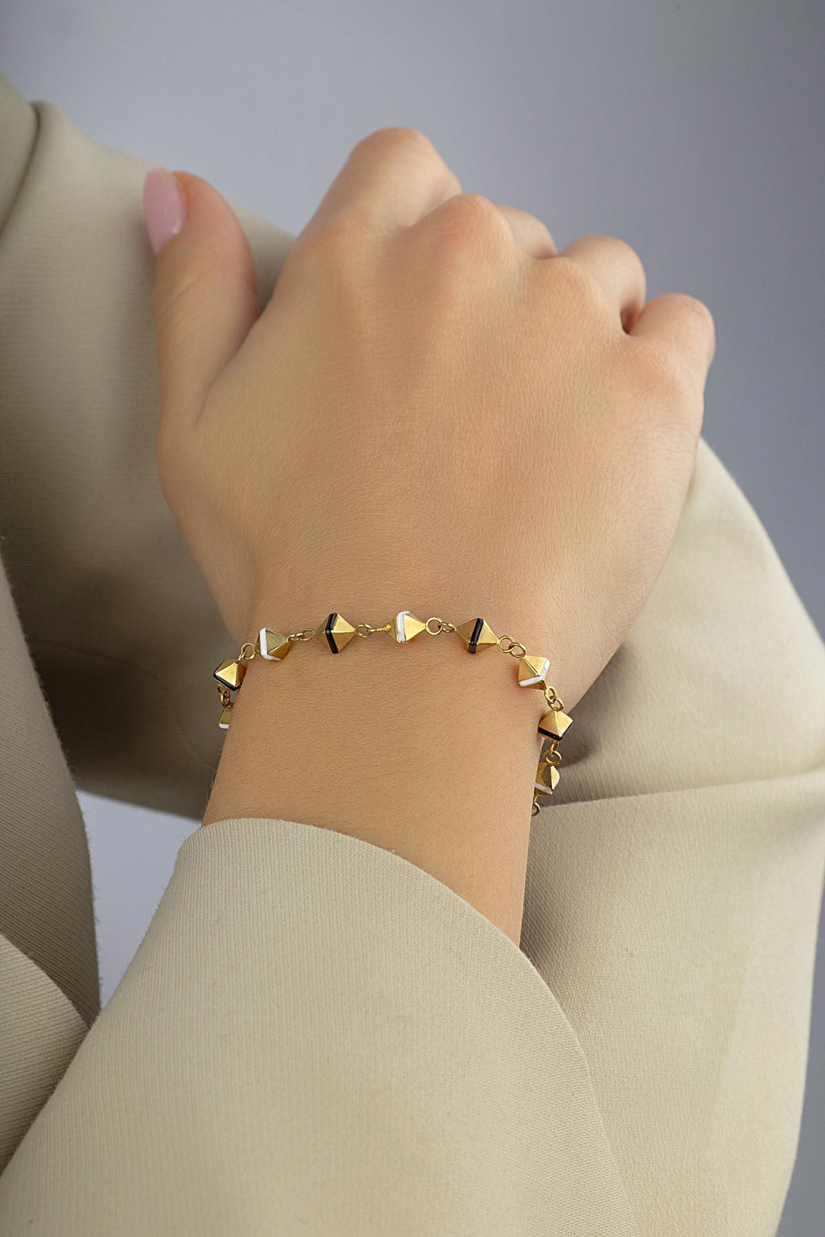 14K Black White Rectangular Cube Gold Bracelet