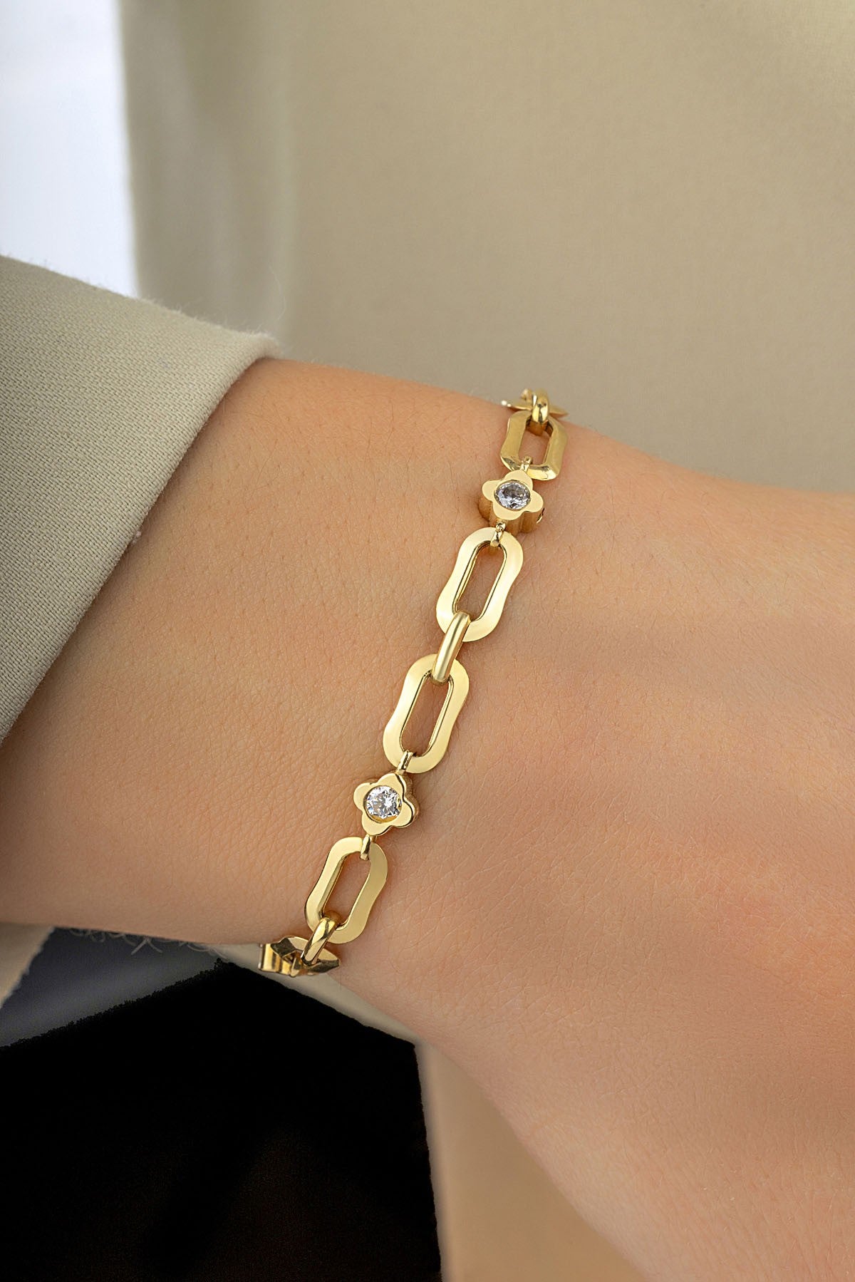 14K Reversible Black White Stone-Set Gold Bracelet