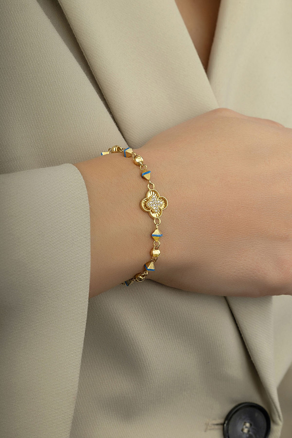 14K Blue Striped Modern Floral Gold Bracelet
