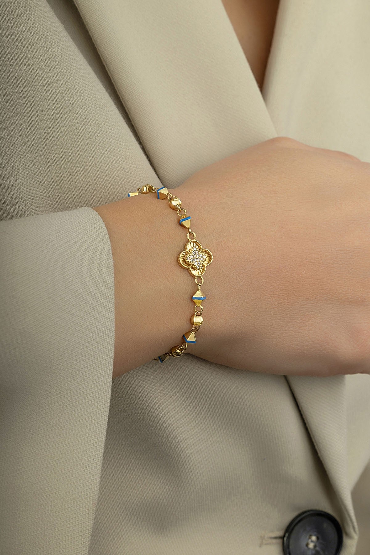 14K Blue Striped Modern Floral Gold Bracelet
