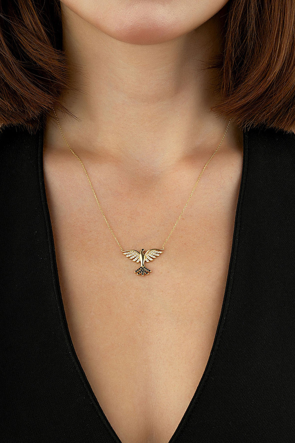 14K Stone-Set Phoenix Bird Necklace