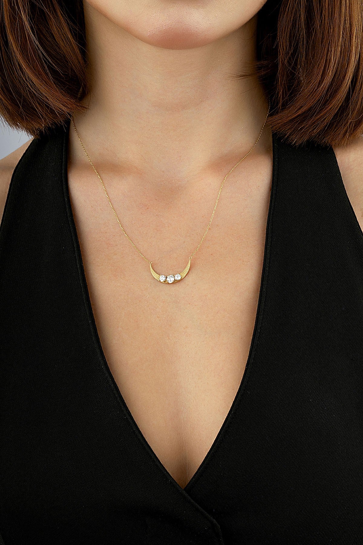 14K Stone-Set Gold Crescent Necklace