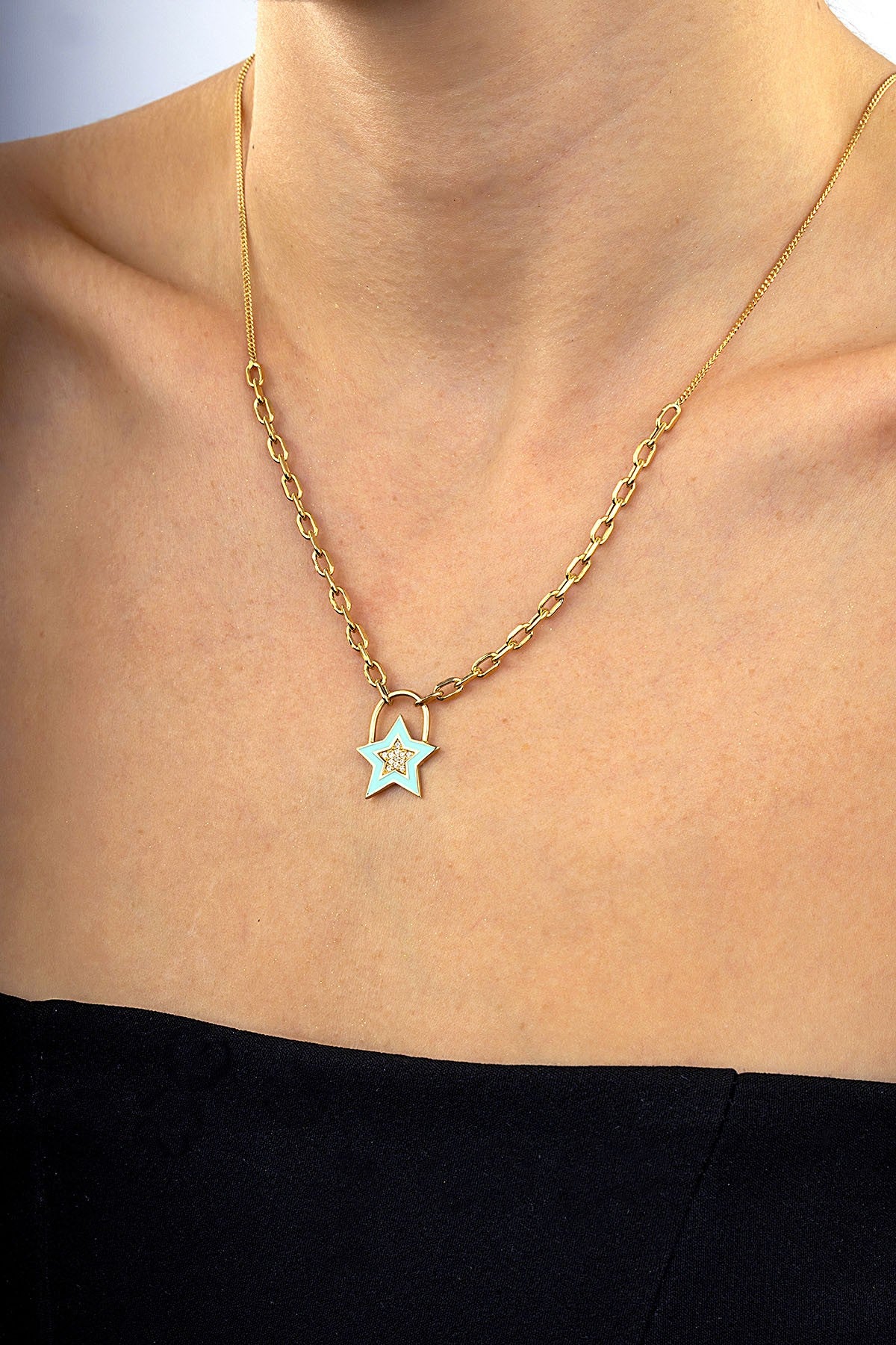 14K Stone-Set Enamel Star Gold Necklace