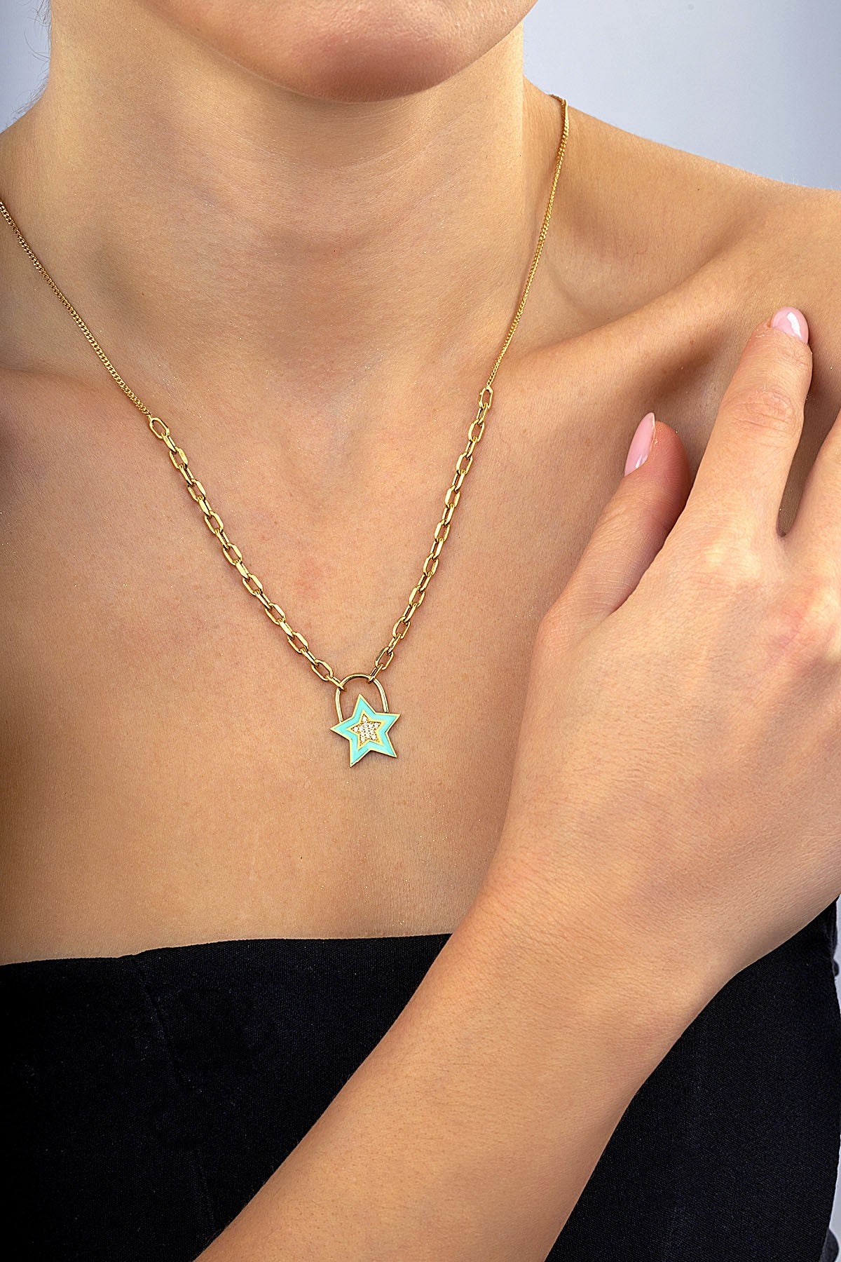 14K Stone-Set Enamel Star Gold Necklace