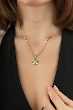 14K Floral Motif Enamel Gold Necklace