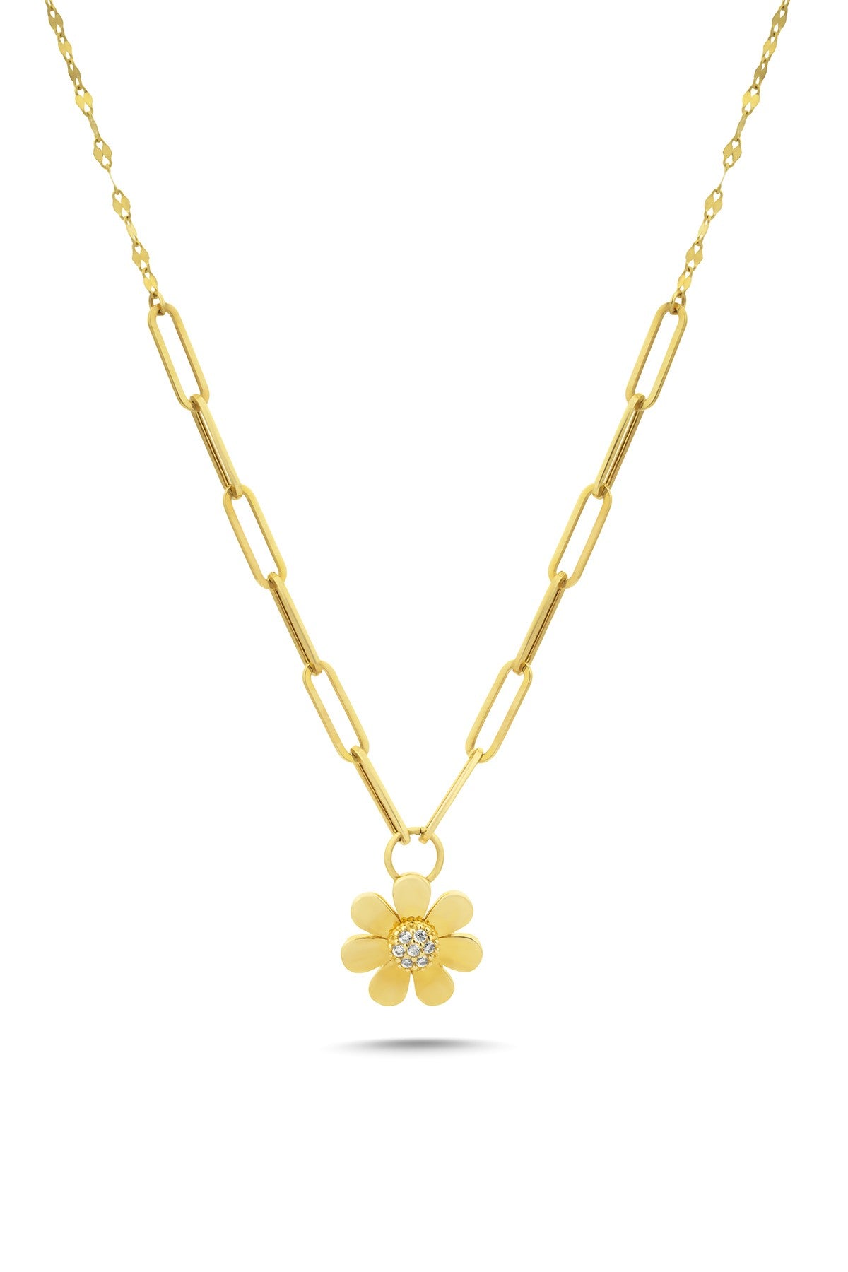 14K Floral Motif Paperclip Gold Necklace