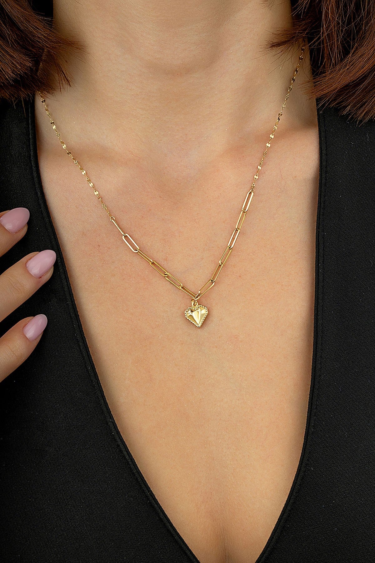 14K Paperclip Heart Gold Necklace