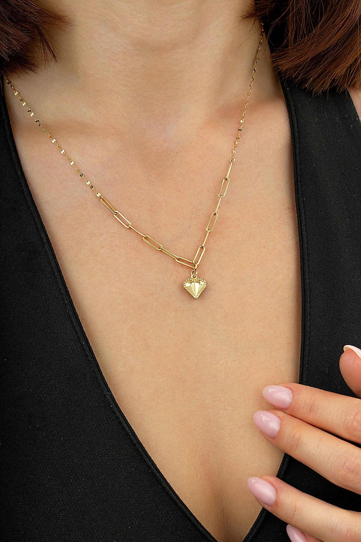 14K Paperclip Heart Gold Necklace