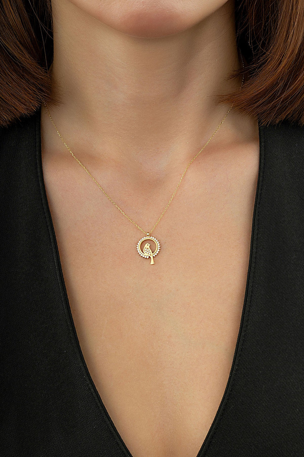 14K Stone-Set Bird Motif Gold Necklace